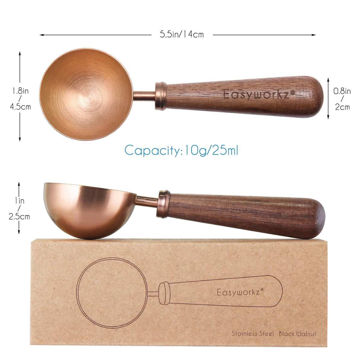 Easyworkz Retro Stainless Steel Coffee Scoop with Walnut Handle 10g / 1 Tbsp Coffee Measuring Spoon, Rose Gold