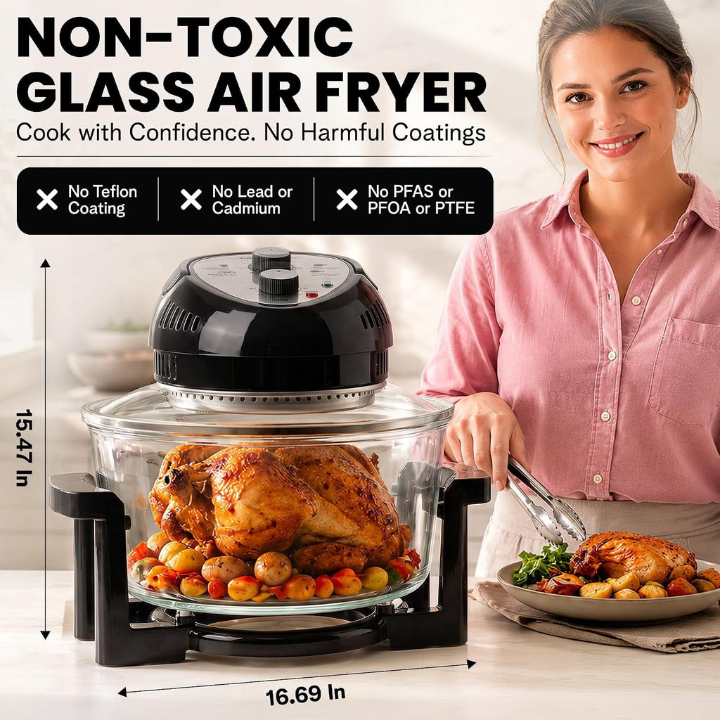 Granitestone 16Qt Large Glass Air Fryer Non Toxic – Family Sized Airfryer Cooker with 3 Cooking Levels, Stainless Steel Racks, Chicken, No Preheat, Self Cleaning, Dishwasher Safe, White