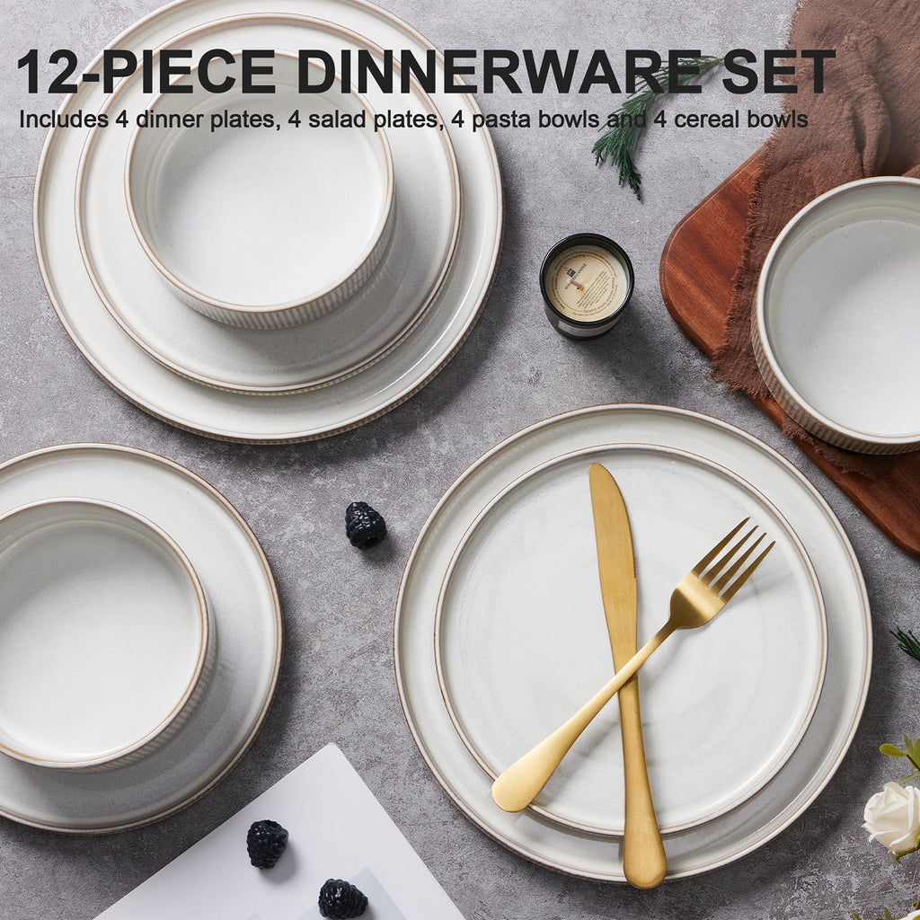 Vesteel 12 Pieces Dinnerware Set for 4, Premium Stoneware Ribbed Dishes, Chip & Scratch Resistant Plates and Bowls Set for Home Restaurant, Microwave and Dishwasher Safe - Speckled White