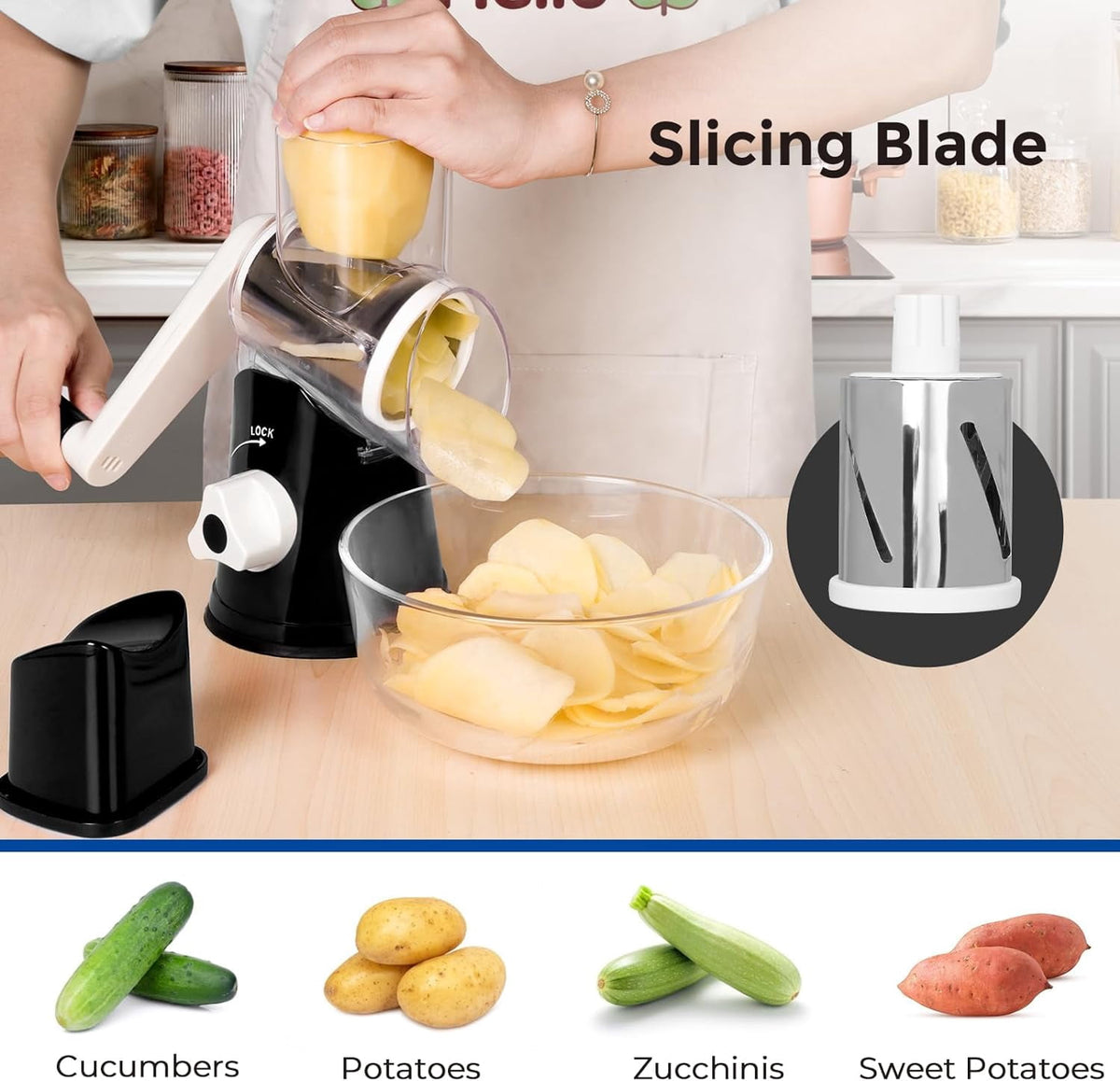 Premium Rotary Cheese Grater, Manual Cheese Grater for Kitchen, Handheld Vegetables Slicer Cheese Shredder with Rubber Suction Base, 3 Stainless Drum Blades Included,Blue