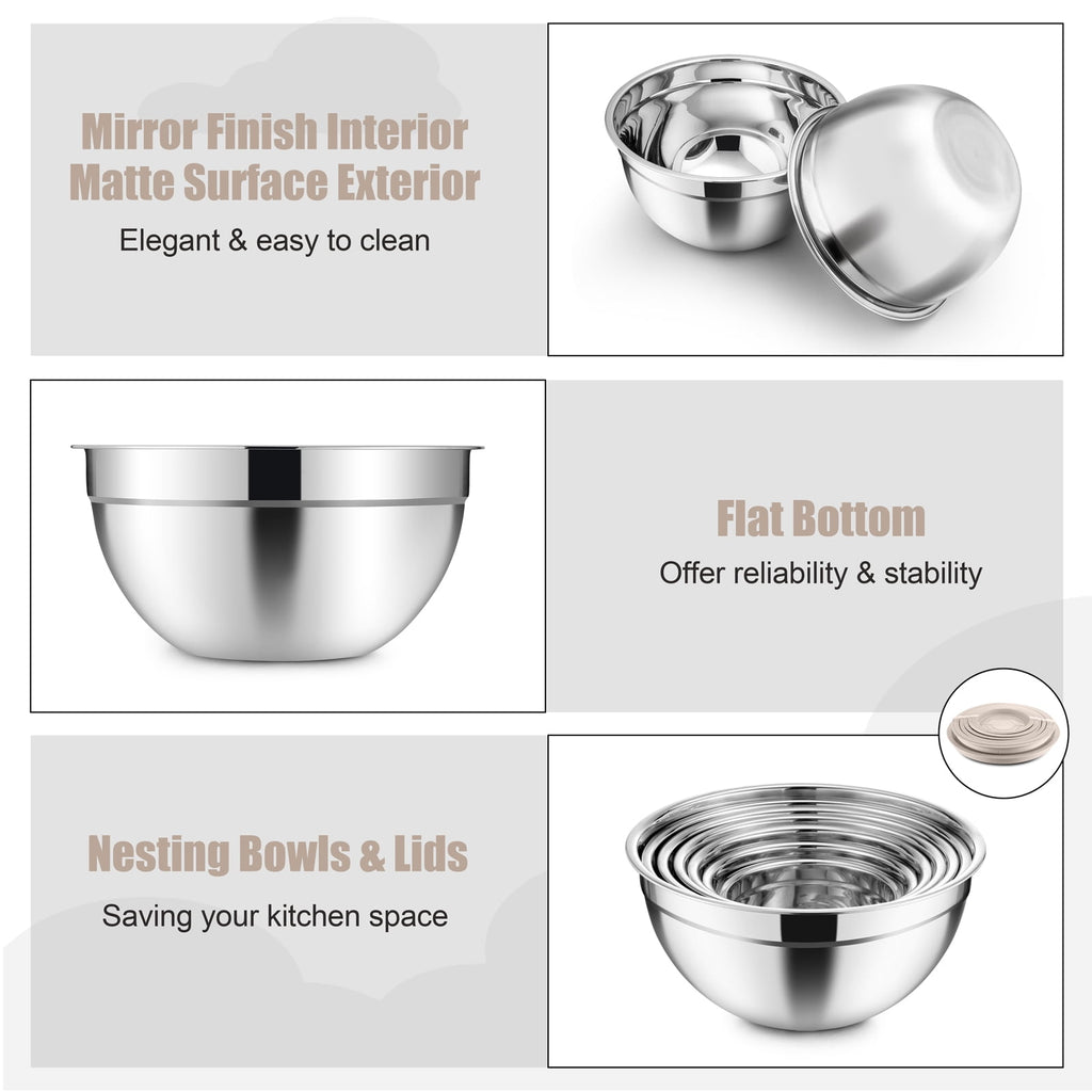 Mixing Bowls with Lids Set of 5, Vesteel Stainless Steel Mixing Bowls Metal Nesting Salad Bowls, Size 4.5, 3, 1.5, 1, 0.7 QT Great for Cooking, Baking, Serving - Multi-Color