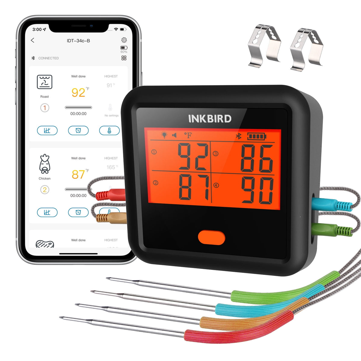 INKBIRD Bluetooth Meat Thermometer for Grilling and Smoking, Grill Thermometer with 4 Meat Probes, Stepless Dimming Backlit LCD, Free App Control, Temperature Pre-Alarm,Temperature Alarms