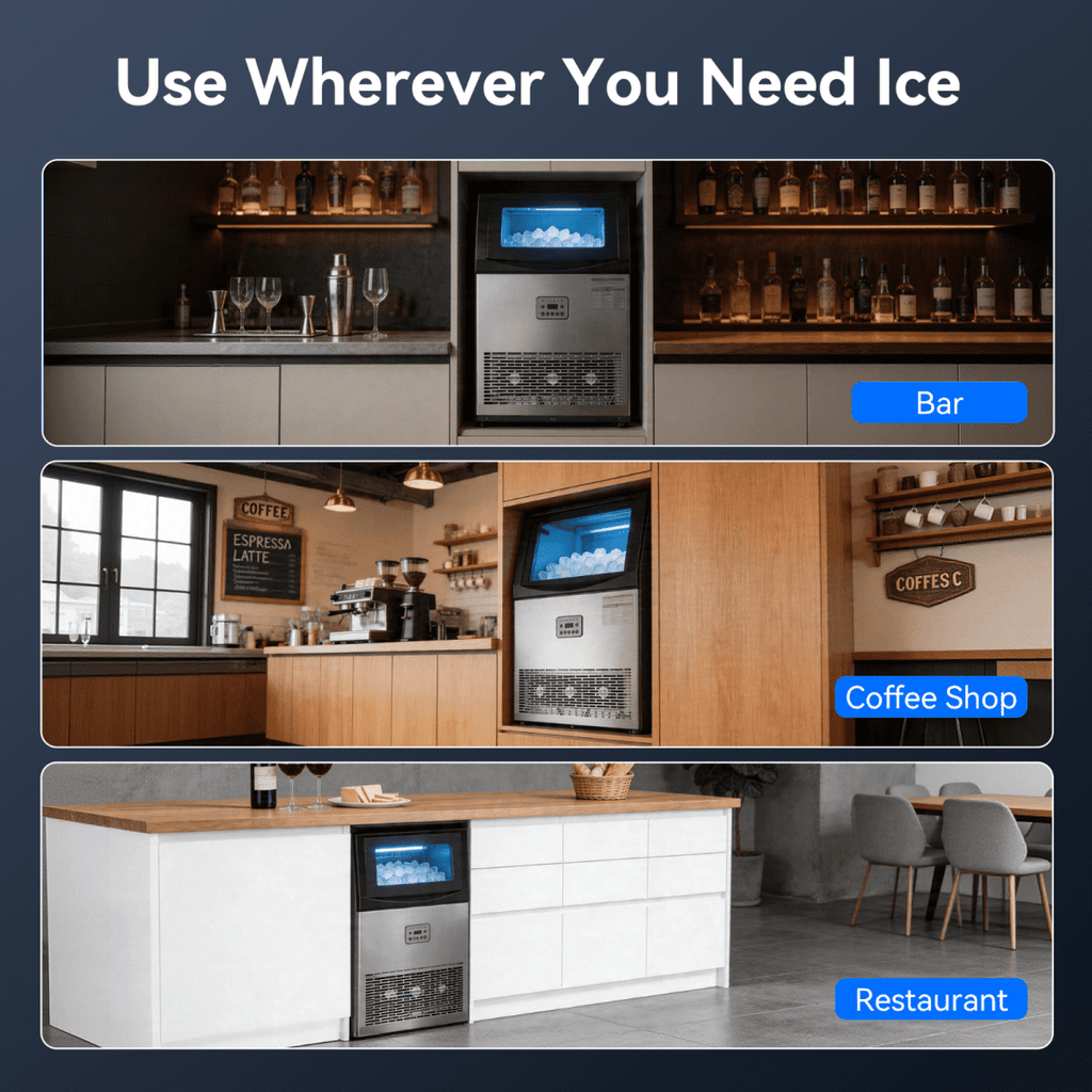 Commercial Ice Maker Machine, 110 Lbs/24H with 33 Lbs Storage, 50 Cubes, Under Counter/Freestanding Ice Makers, Stainless Steel