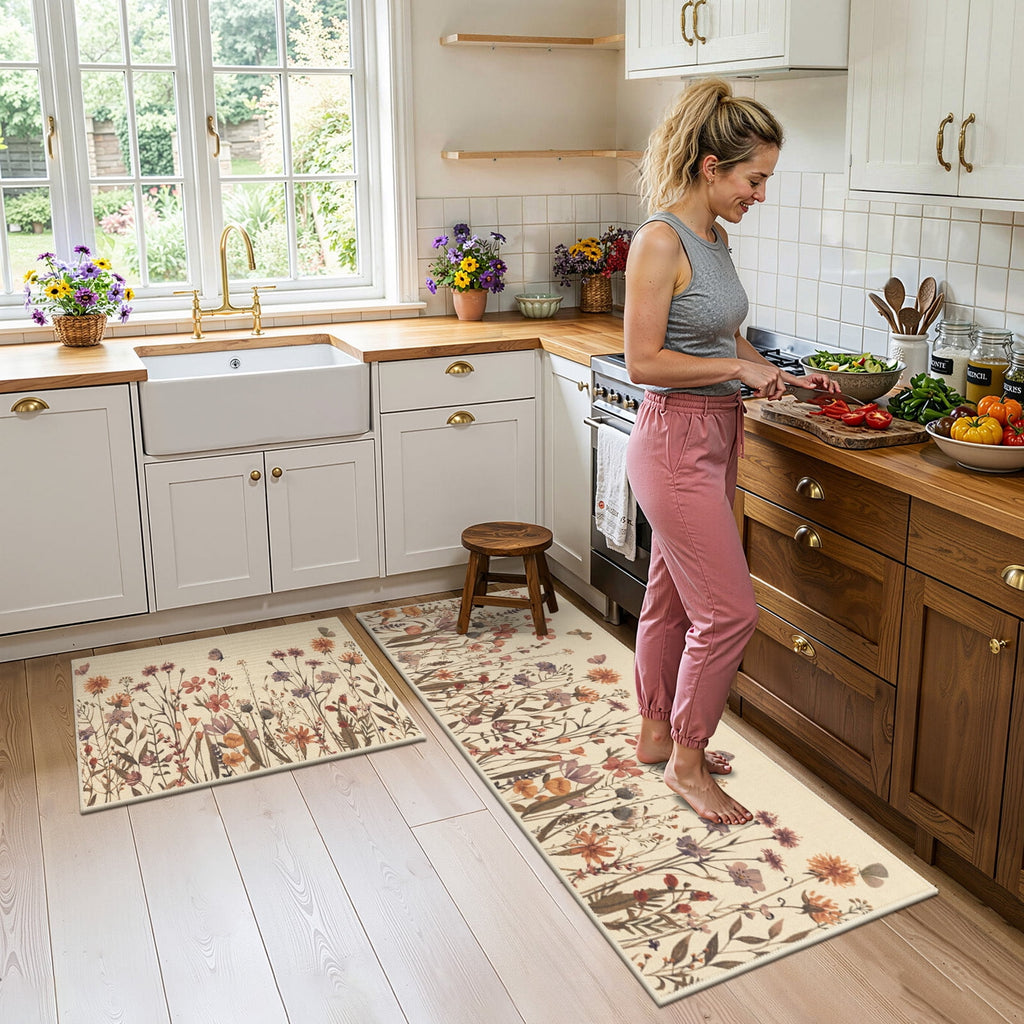 Findosom Floral Non-Slip Kitchen Rugs Set of 3,Washable Kitchen Mat Farmhouse Kitchen Floor Mats Runner for Home Sink Entrance Laundry Hallway,20"x32"+20"x47"+20"x59" Beige