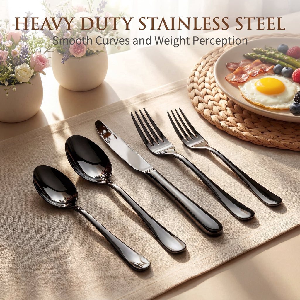 Kikcoin 42 Pcs Silverware Set for 8, Stainless Steel Flatware Set, Mirror-Polished Spoons, Forks and Knife Set, Cutlery Utensils Set for Kitchen, Wedding and Restaurant, Black