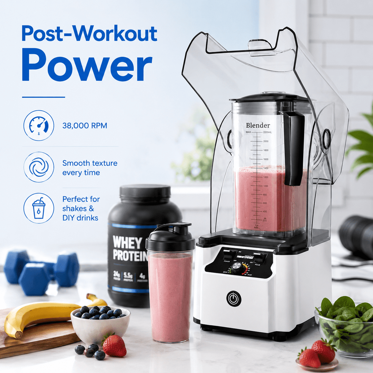 WantJoin Blender-Commercial Blender with Soundproof Shield, Enclosure 2200W ,Quiet Professional-Grade Power,Self-Cleaning,Gray