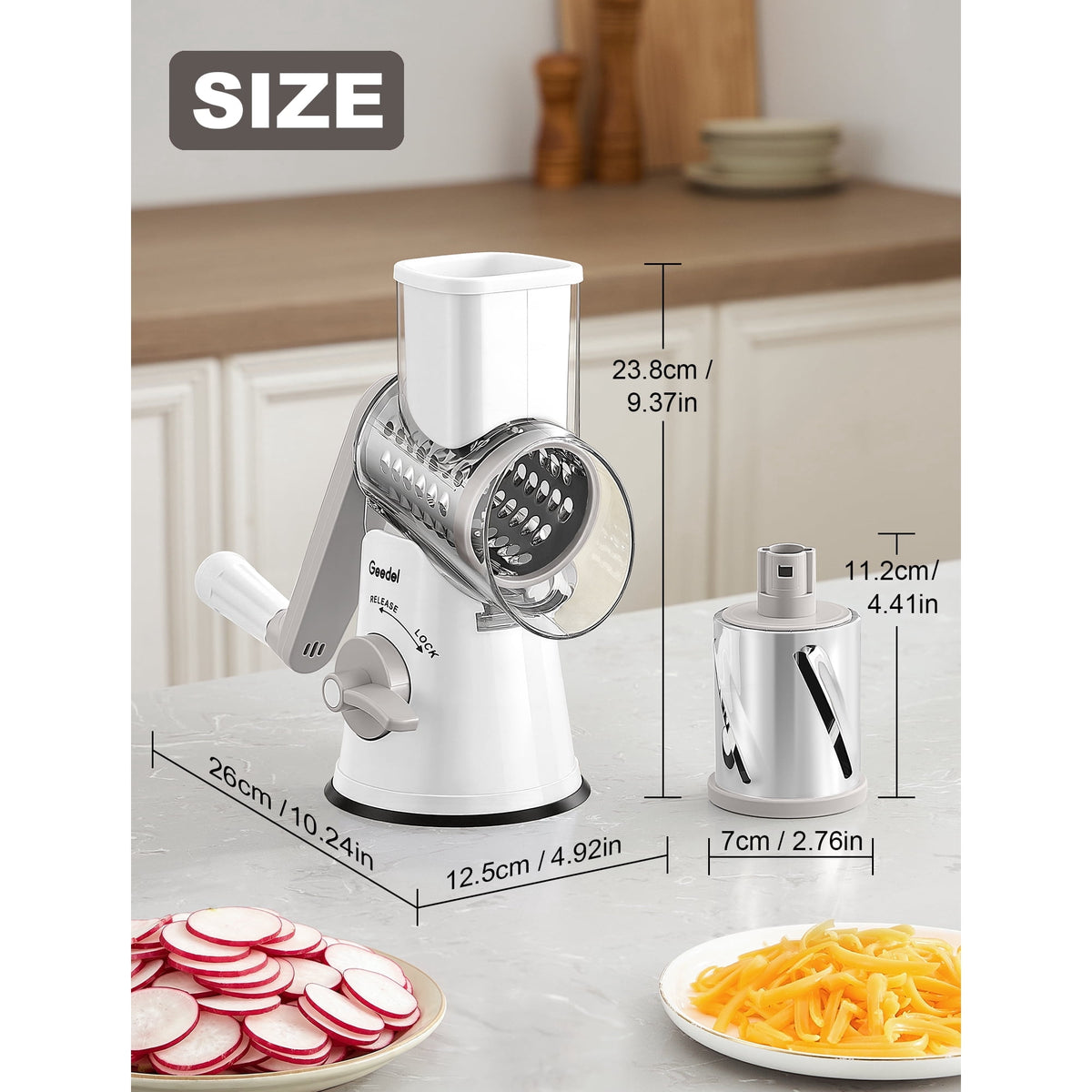 Geedel Rotary Cheese Grater, Kitchen Grater with Strong Suction Base, Dishwasher Safe, Easy to Clean Grater for Cheese,Vegetable, Nuts (3 Blades)