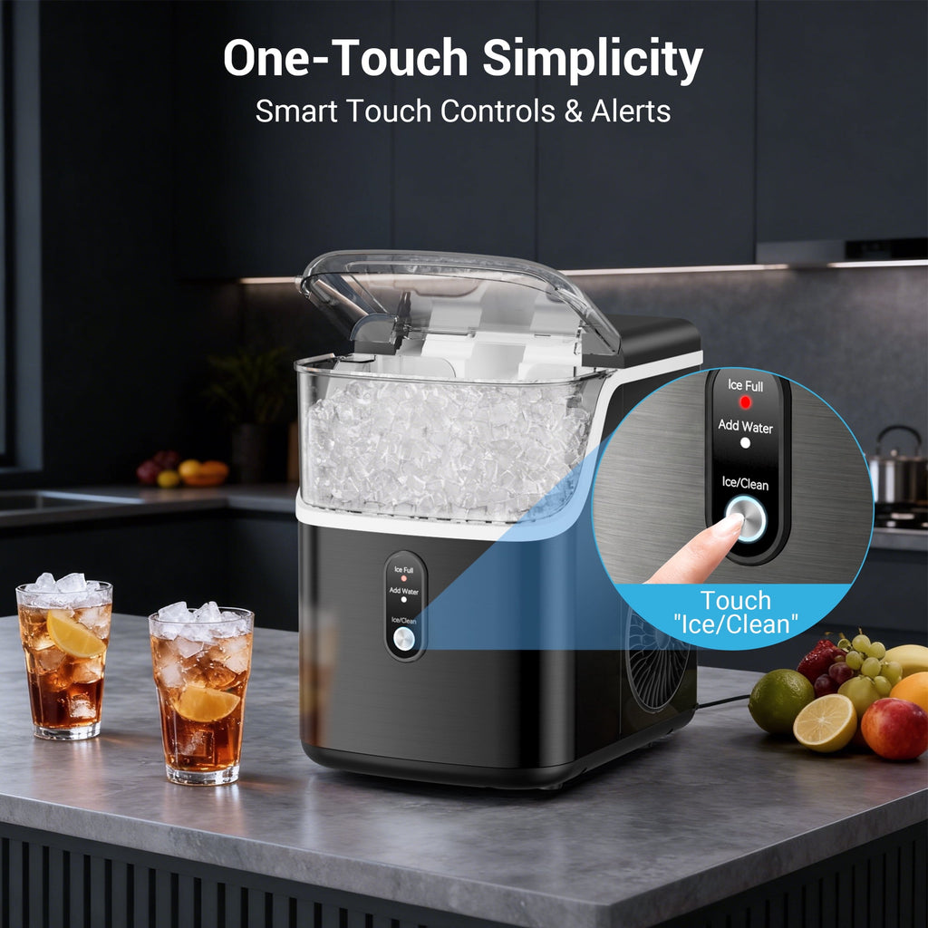 Snowyermine Nugget Ice Maker Countertop, 35 lbs per Day, Soft, Chewable Sonic-Style Pebble Ice, One-Touch Self-Cleaning, Stainless Steel, Black, for Home, Kitchen, Office, RV and Camping