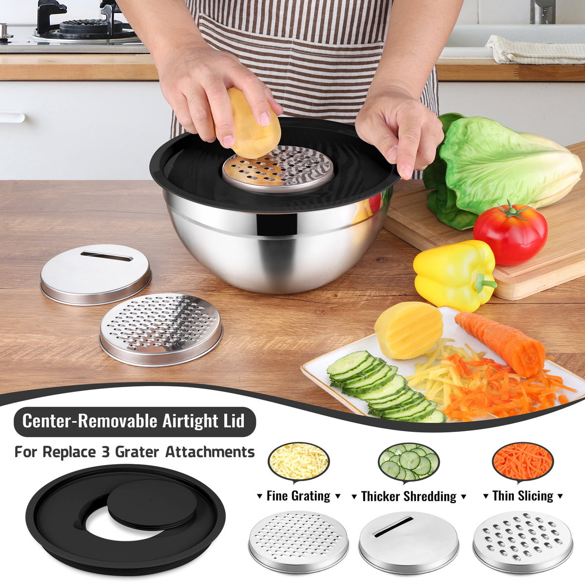 Mixing Bowls with Lids Set of 5, Vesteel Stainless Steel Mixing Bowls Metal Nesting Salad Bowls, Size 4.5, 3, 1.5, 1, 0.7 QT Great for Cooking, Baking, Serving - Multi-Color