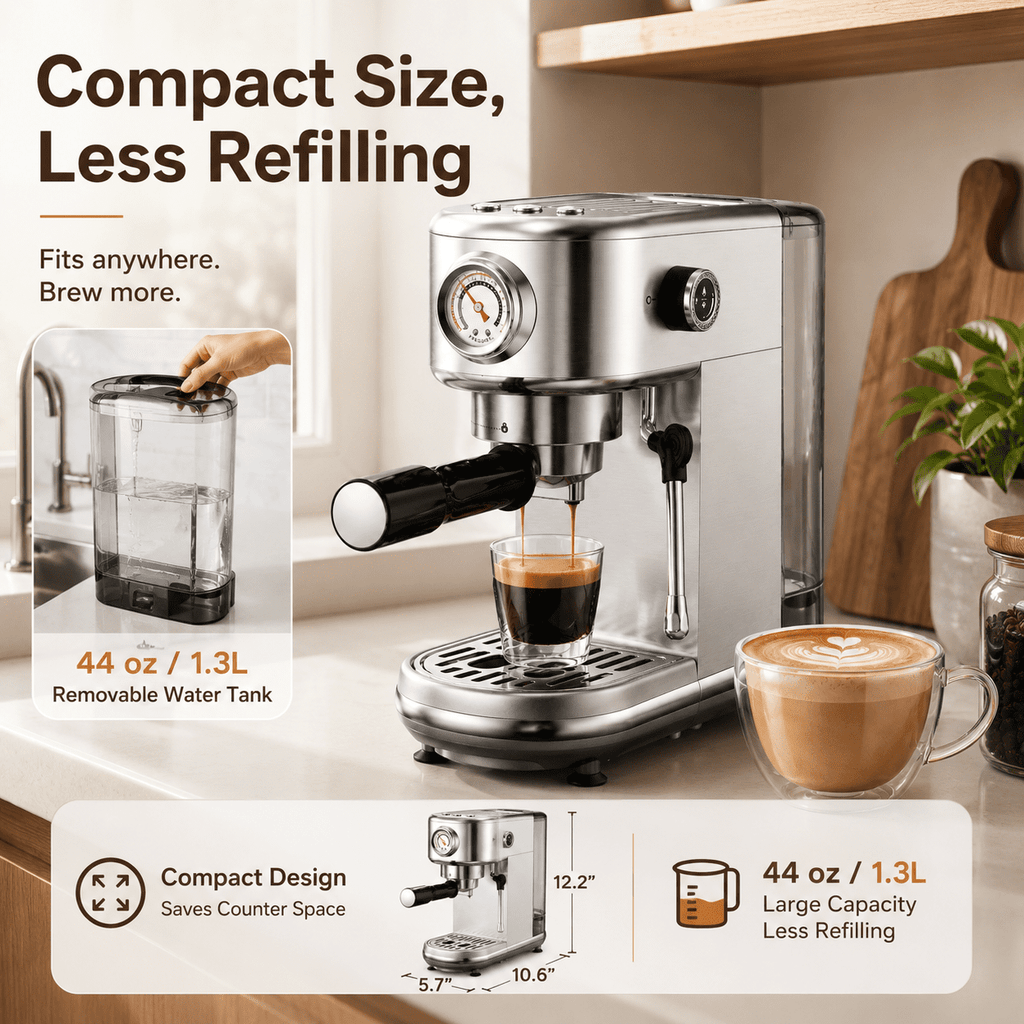 20 Bar Espresso Machine with Milk Frother, Steam Wand & Pressure Gauge, Amumu Compact Stainless Steel Coffee Maker for Cappuccino & Latte, Silver