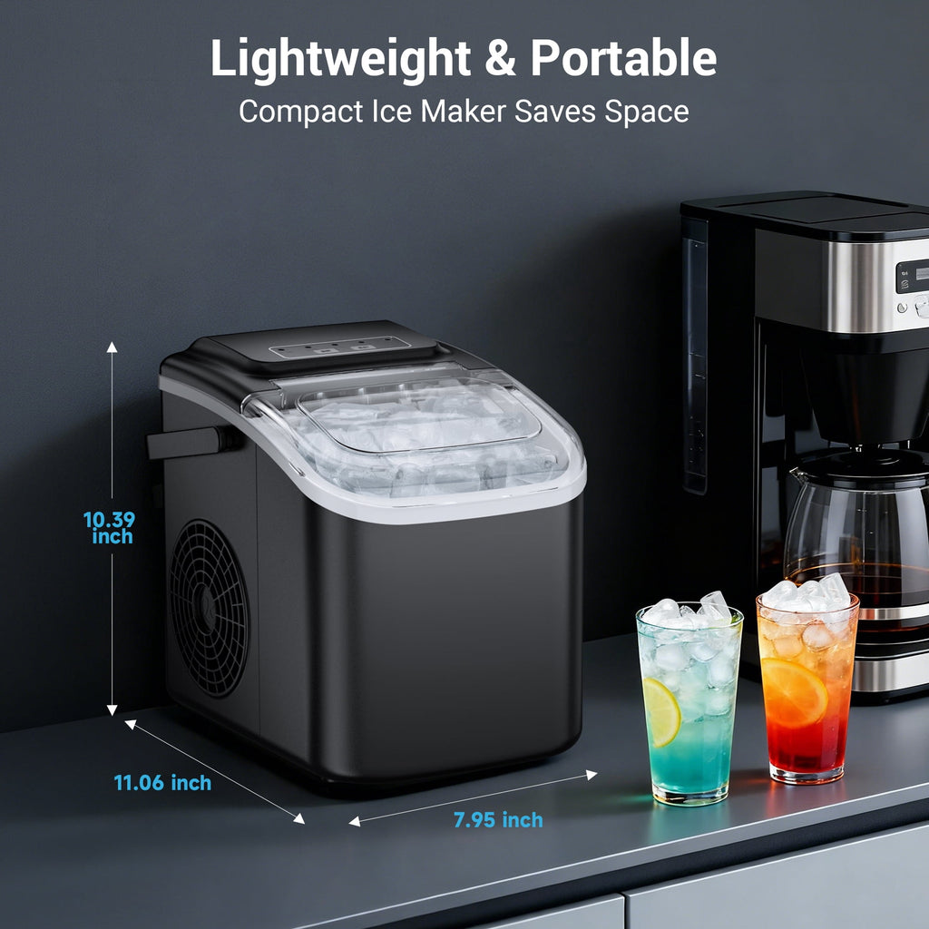 Snowyermine Countertop Ice Maker with Handle, 26 lbs/24H Portable Ice Machine, 2 Bullet Ice Sizes, 8 Cubes in 6 Minutes, Self-Cleaning for Home, Bar, RV and Camping