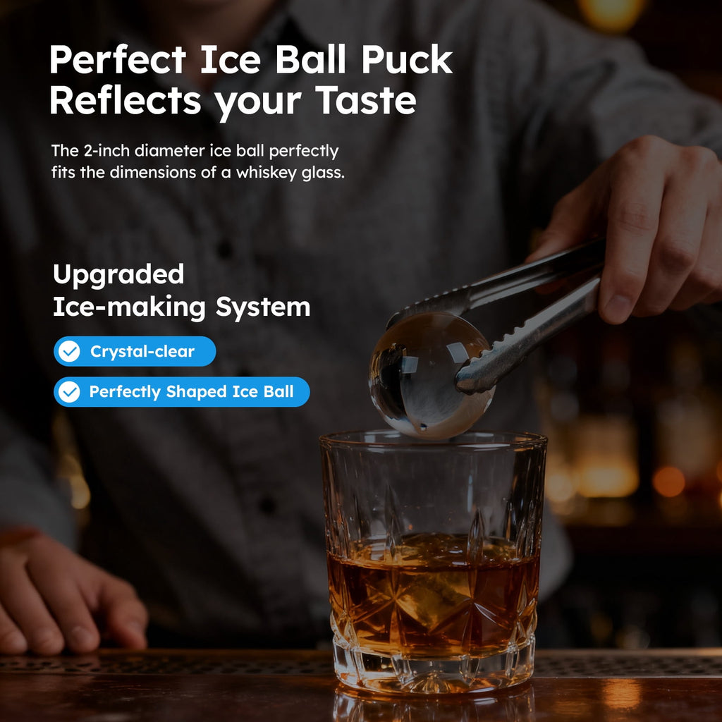 Ecojoy Ball Ice Maker Machine with Self-Cleaning Function - Makes Crystal Clear Ice Balls for Whiskey & Cocktails
