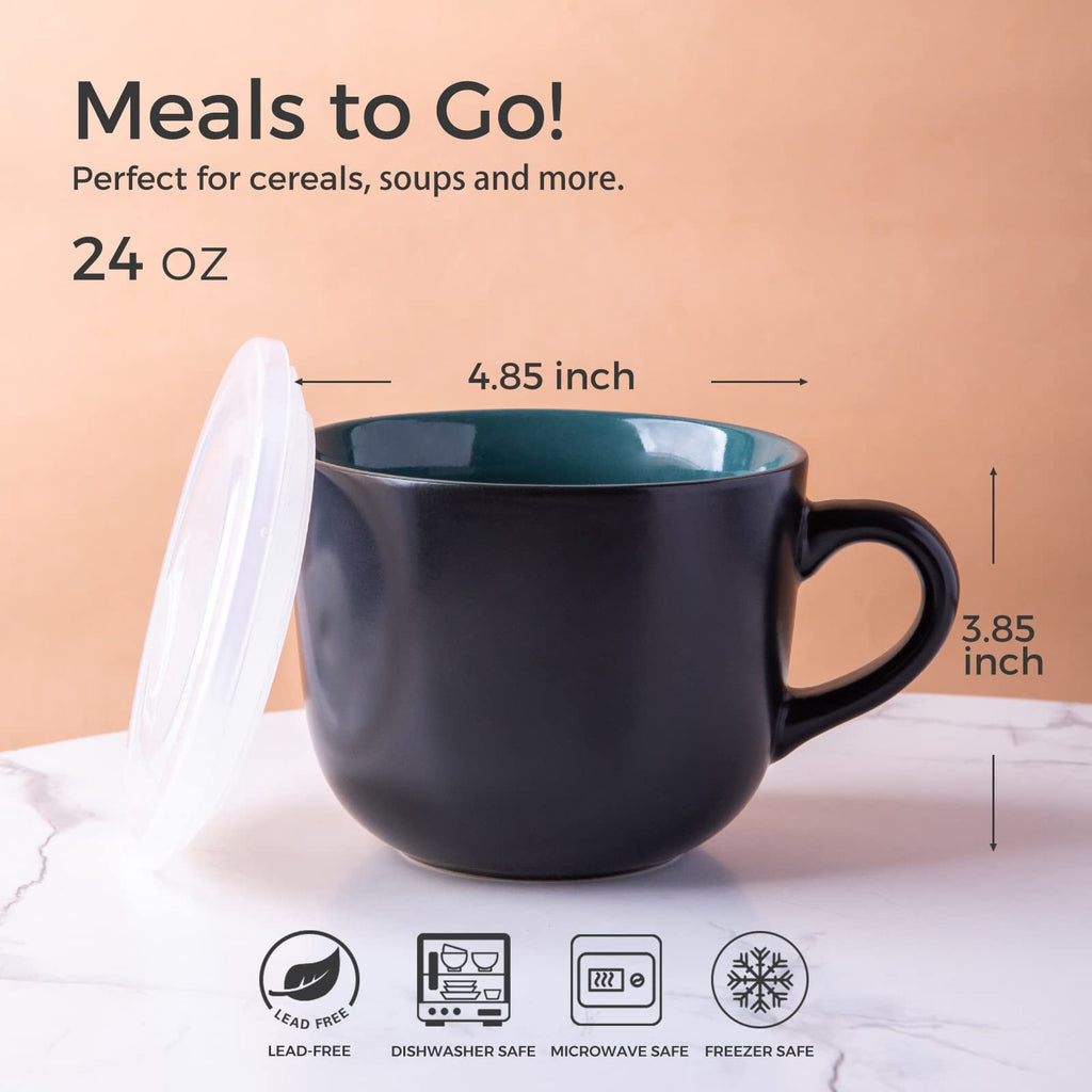 AmorArc Ceramic Soup Mugs with Lid, 24 oz Soup Cups with Hanlde for Coffee,Cereal,Salad,Noodles,Tea,Soup Bowls Cups,Microwave &Dishwasher Safe, Set of 4, Blue with Vented lid