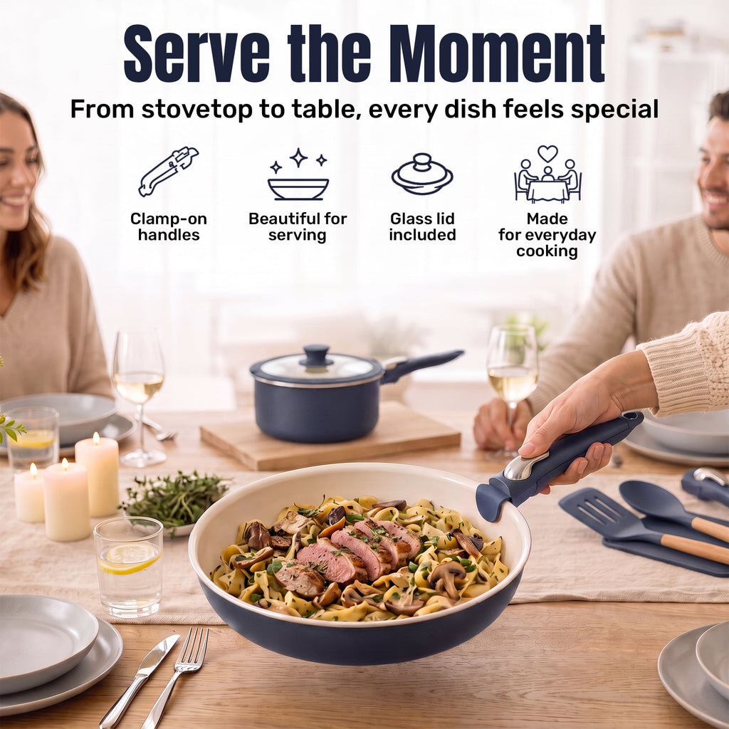 Gotham Steel 18 Pcs Pots and Pans set Non Stick, Ceramic Pan Cookware Set W/ Detachable Handle, RV Kitchen Cooking Set with Secure Lock Removable Handles, Oven Safe Nonstick Pan Set, Blue