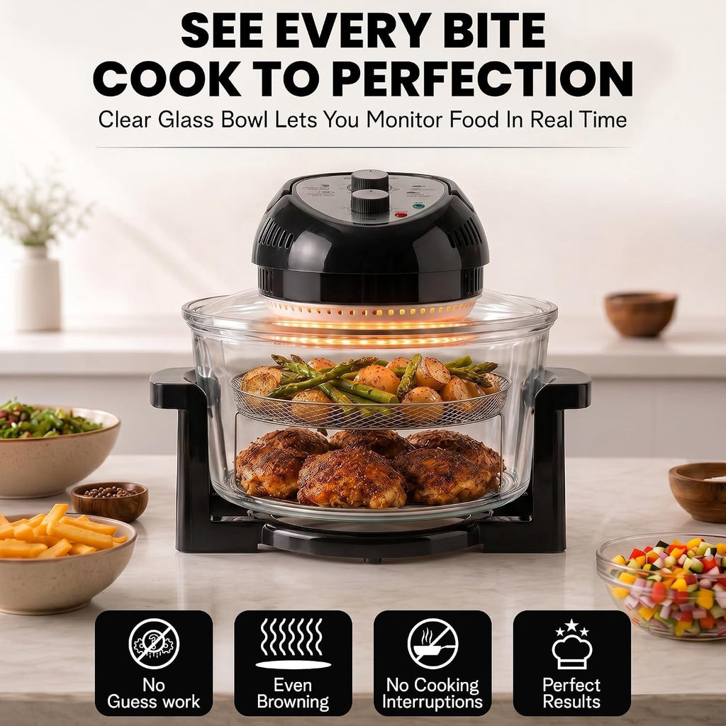 Granitestone 16Qt Large Glass Air Fryer Non Toxic – Family Sized Airfryer Cooker with 3 Cooking Levels, Stainless Steel Racks, Chicken, No Preheat, Self Cleaning, Dishwasher Safe, White
