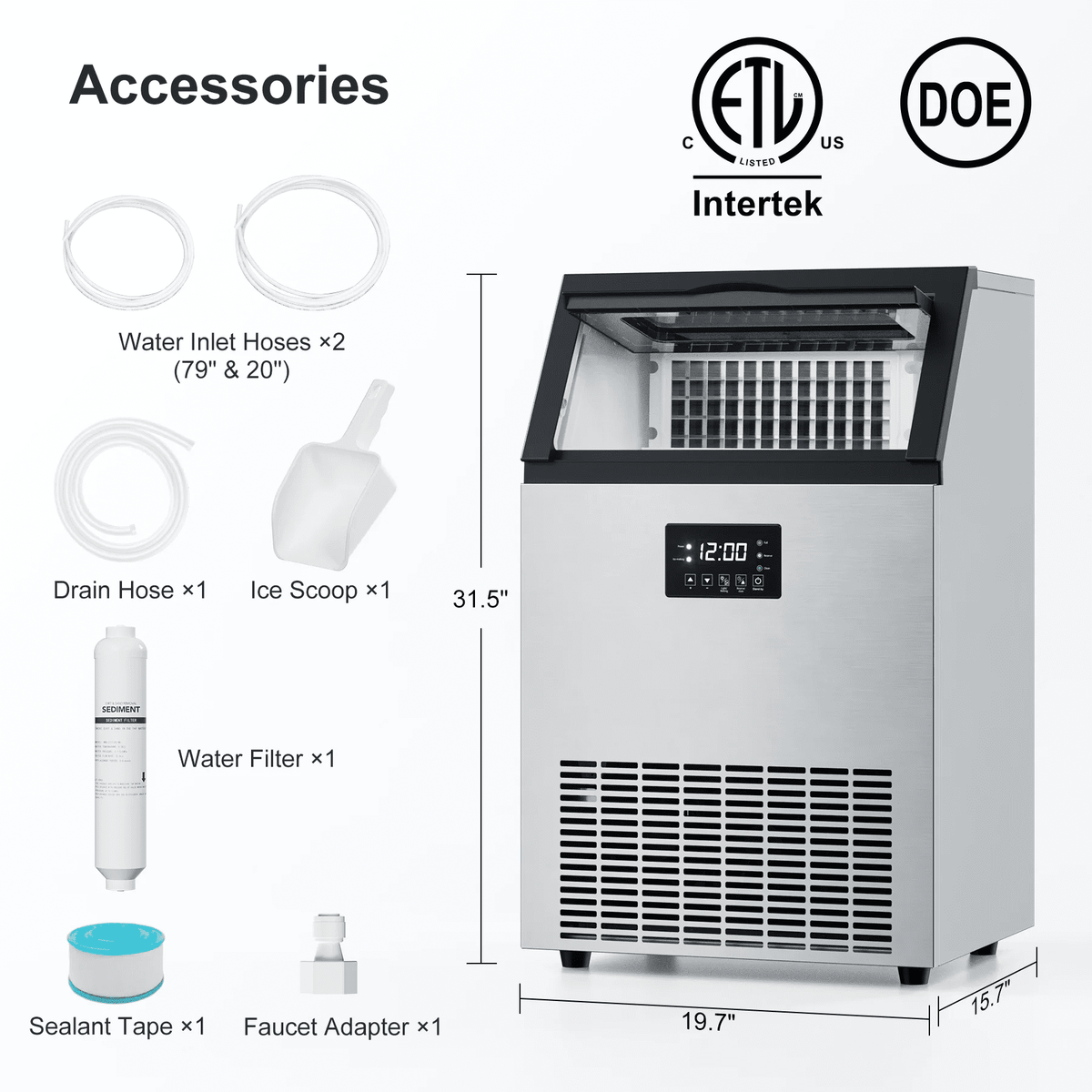 OUTBID Ice Maker Machine Crystal Clear Bullet Ice 52 lbs/24H with Spray Technology, Undercounter Commercial Ice Cube Maker, Built-In for Home Bar and Kitchen