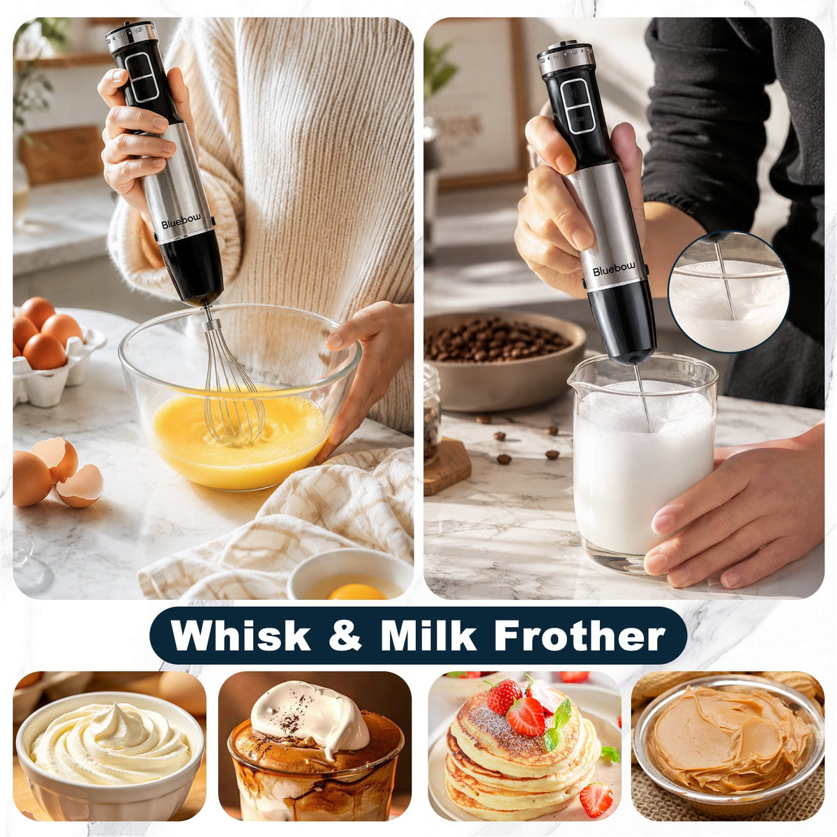 Bluebow Immersion Blender Handheld, 1100W 25 Speed 5-in-1 Stainless Steel Hand Blender with Turbo Mode, Scratch-Resistant Stick Blender for Kitchen Use, Purees Soups Smoothies, Black