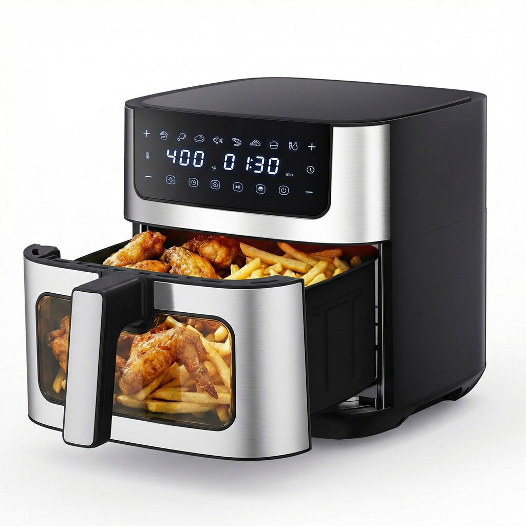 EDX 6QT Stainless Steel Air Fryer with Digital Touchscreen, 1500W, 8 Presets, Dishwasher Safe Basket, 90 Min Timer, 24H Delay Start, Gray