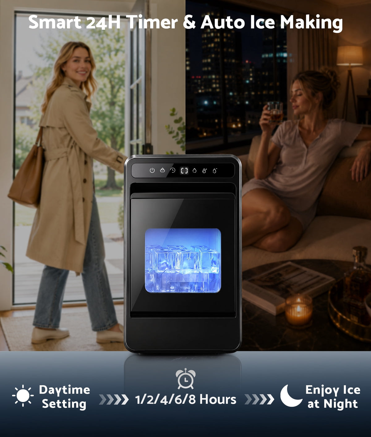 Flamemore Clear Countertop Ice Maker, 8 Crystal Clear 1.2" Large Craft Ice Cubes in 20 Mins, Portable Ice Machine with Self-Cleaning for Home Bar, Whiskey & Cocktails