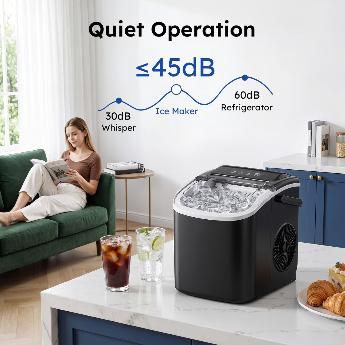 Simzlife Countertop Ice Maker, 26 Lbs/24H, 9 Bullet-Shaped Ice Cubes in 6 Minutes, Auto-Cleaning Ice Machine, Black