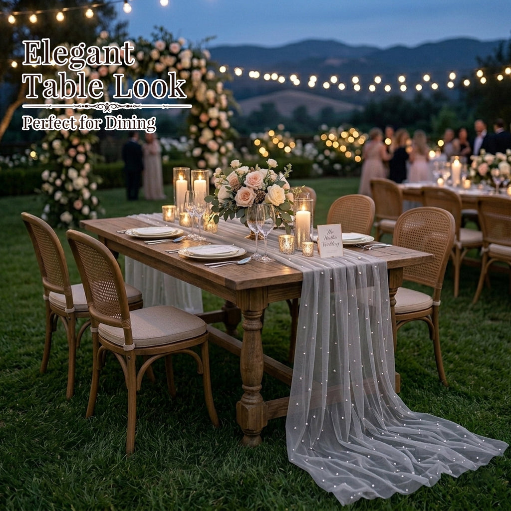 Inosoo Pearl Gauze Table Runner 30x120 inch, 10FT Sheer Tulle Table Decor with Shatterproof Pearls for Wedding Party Dining, White