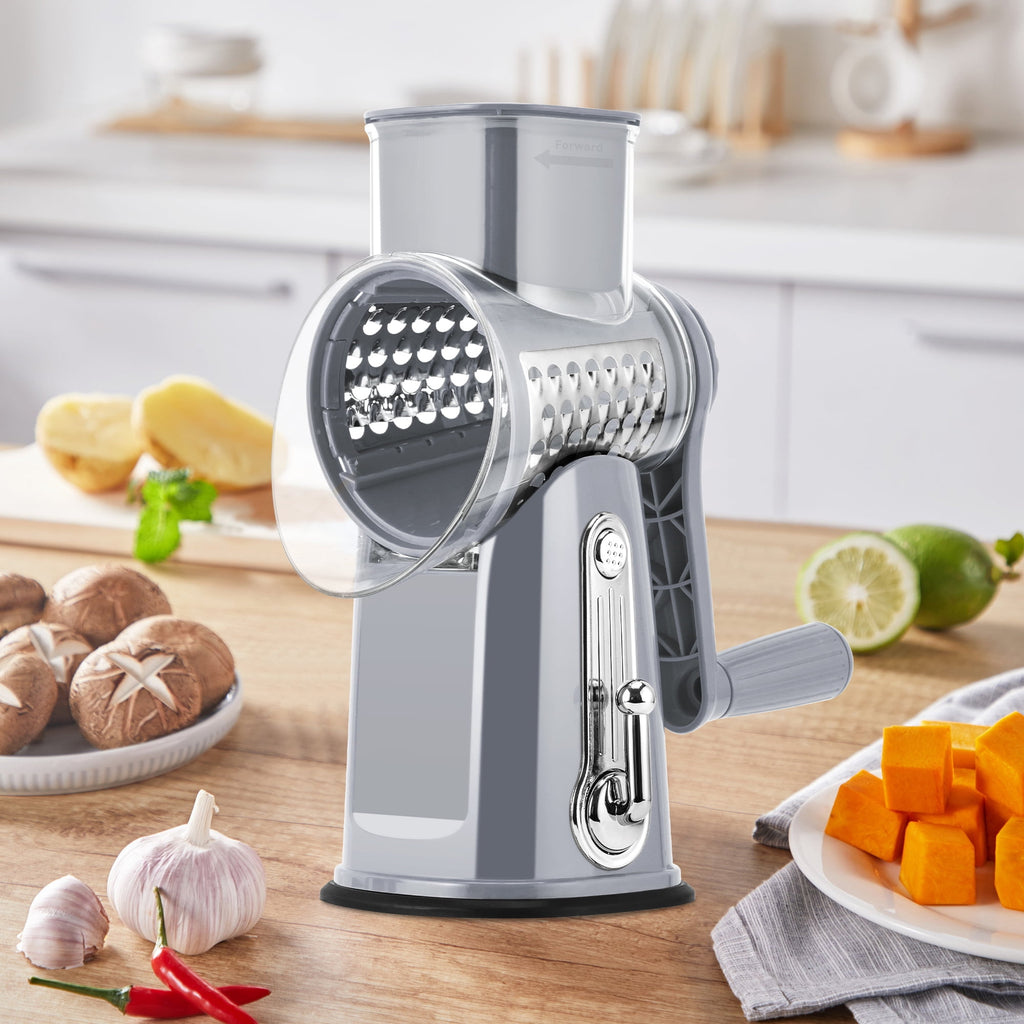 Pukomc Rotary Cheese Grater with Handle- 5 Blades, Suction Base, Mandoline Slicer & Veg Shredder with Blade Storage Box(Green)