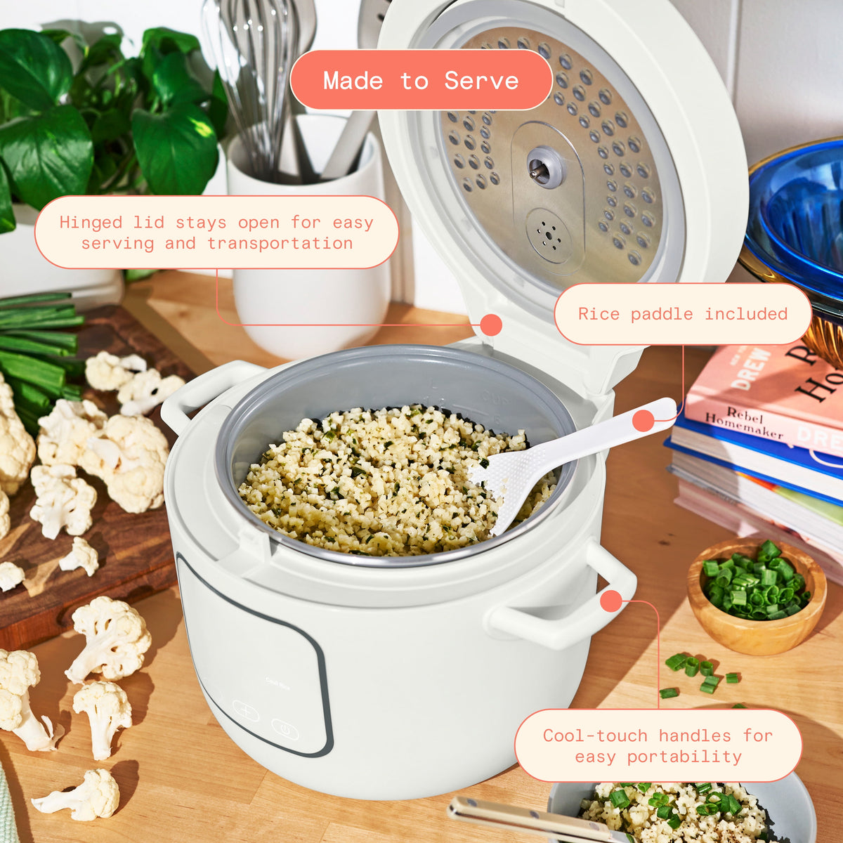 Beautiful 14-Cup Cooked, 6-Cups Uncooked Electric Rice and Grain Cooker, EverGood Ceramic Nonstick Coating, Thyme Green by Drew Barrymore