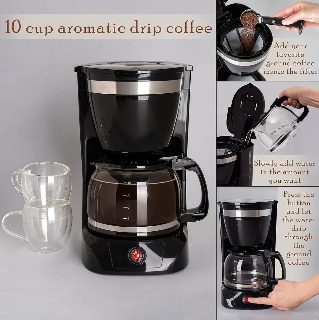 Mixpresso 12 Cup Coffee Pot, Auto-Off & Reusable Filter, Large Drip Coffee Maker 12 Cup Borosilicate Glass Carafe, Anti-Drip Coffee Machine Water Level Window, Black Electric Coffee Maker