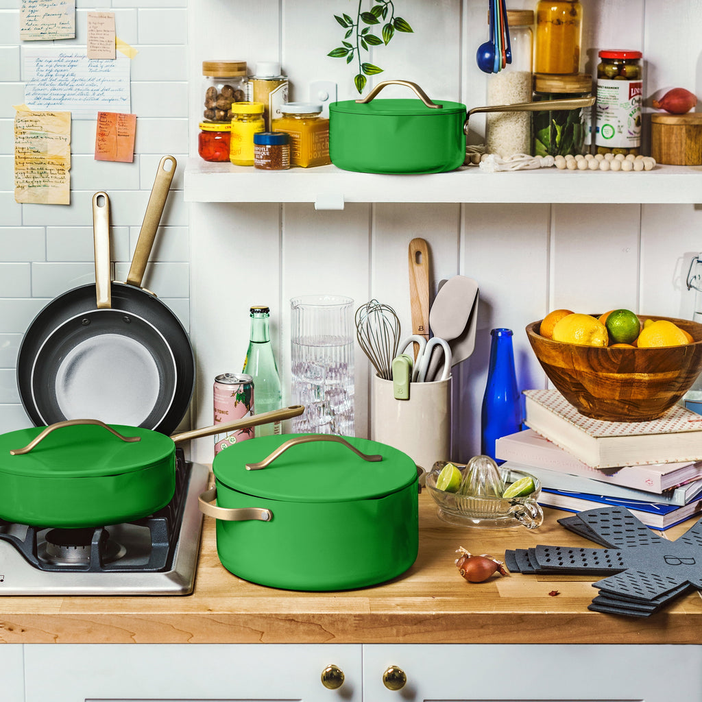 Beautiful 12-Piece Cookware Set, Pots and Pans with Strainer Lids and EverGood Ceramic Nonstick Coating, White Icing by Drew Barrymore