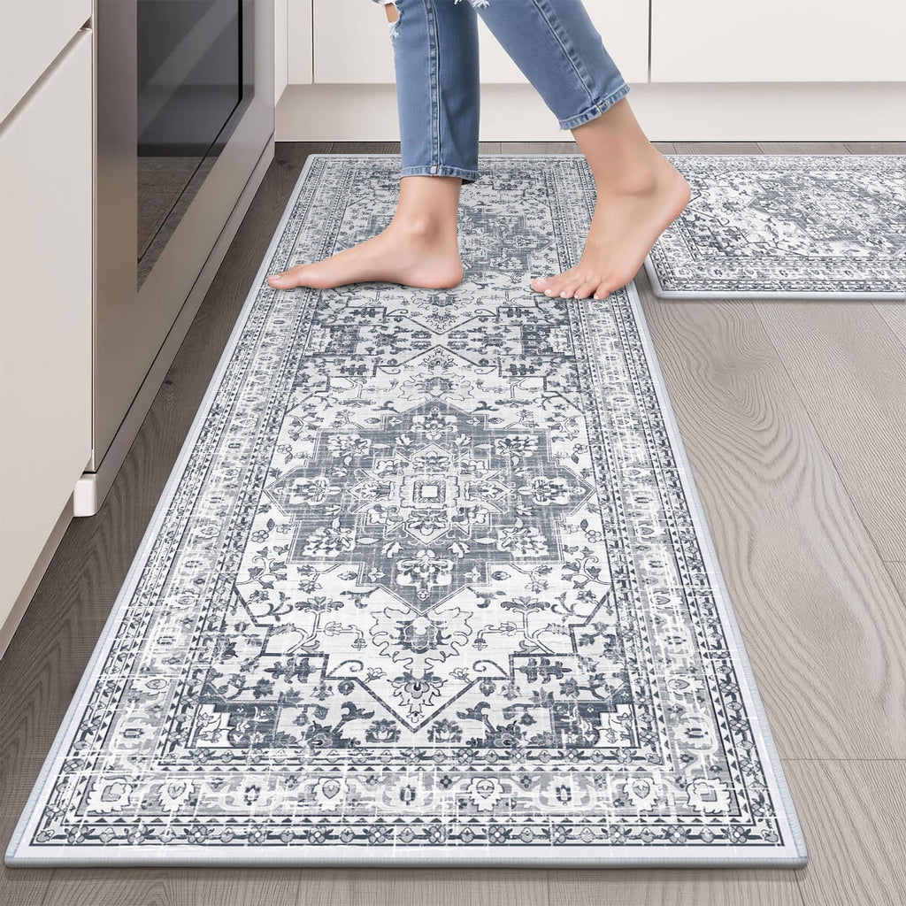 Findosom 3pcs Kitchen Rugs Set,Washable Boho Farmhouse Kitchen Mats for Floor,Non Slip Kitchen Floor Mat Carpet Runner Rugs for Entryway Hallway Laundry Home Decor 20"x32"+20"x32"+20"x47" Gray