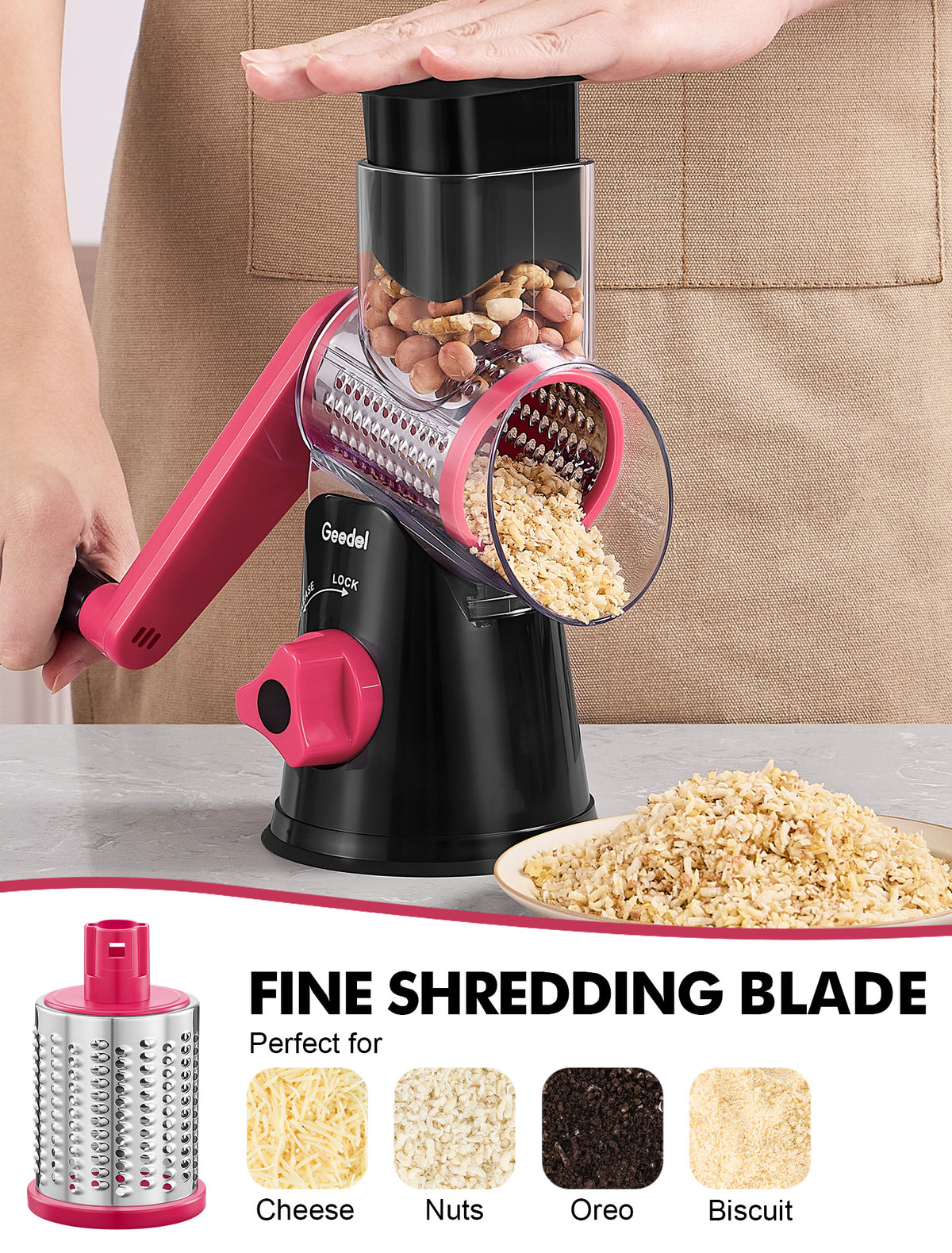 Geedel Rotary Cheese Grater, Kitchen Grater with Strong Suction Base, Dishwasher Safe, Easy to Clean Grater for Cheese,Vegetable, Nuts (3 Blades)