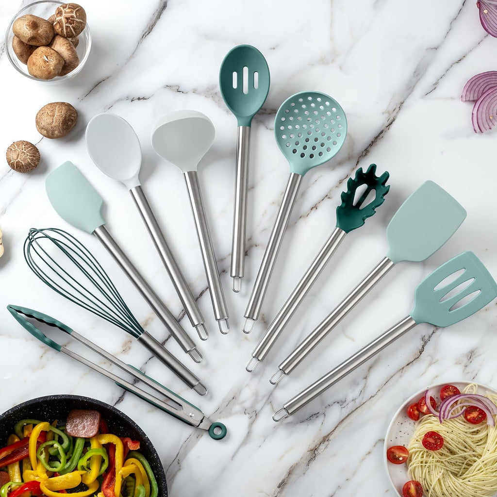 COOK WITH COLOR Kitchen Utensils Set, 10-Piece Cooking Utensils with Holder, Teal