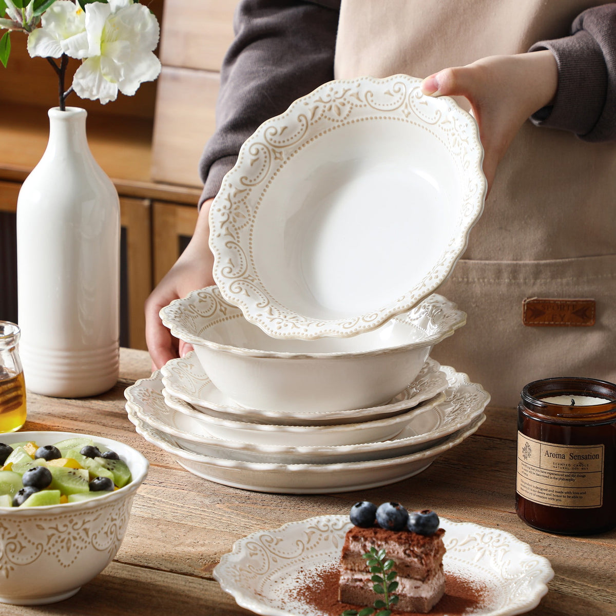 vancasso 16 pcs Dinnerware Sets, Plates and Bowls Set for 4, Stoneware Dinner Set, Blue