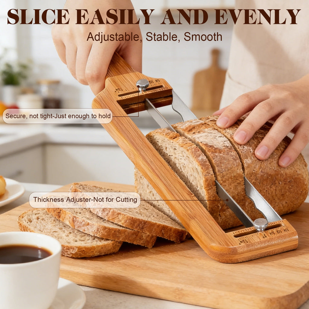 Adjustable Wooden Bread Slicer - Cutter with Thickness Guide for Sourdough & Baguette, Ambidextrous Gift for Home Bakers