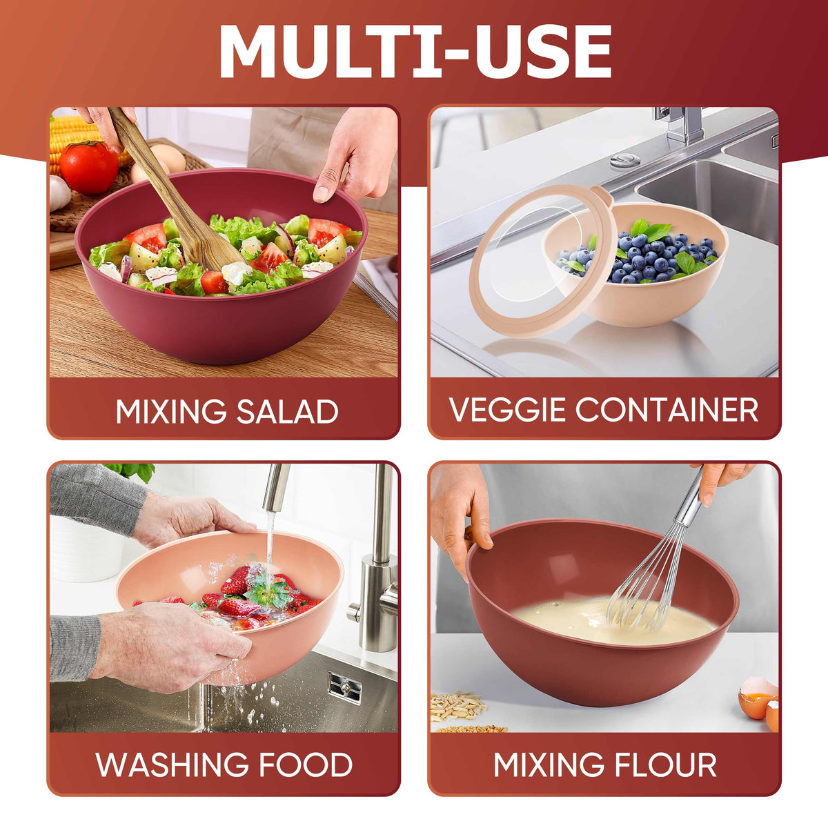 Vesteel 6Pcs Mixing Bowl Set with Lids, Plastic Nesting Bowls for Mixing, Storage, Kitchen Prepping, Serving Food, Microwave & Dishwasher Safe - Multi-color