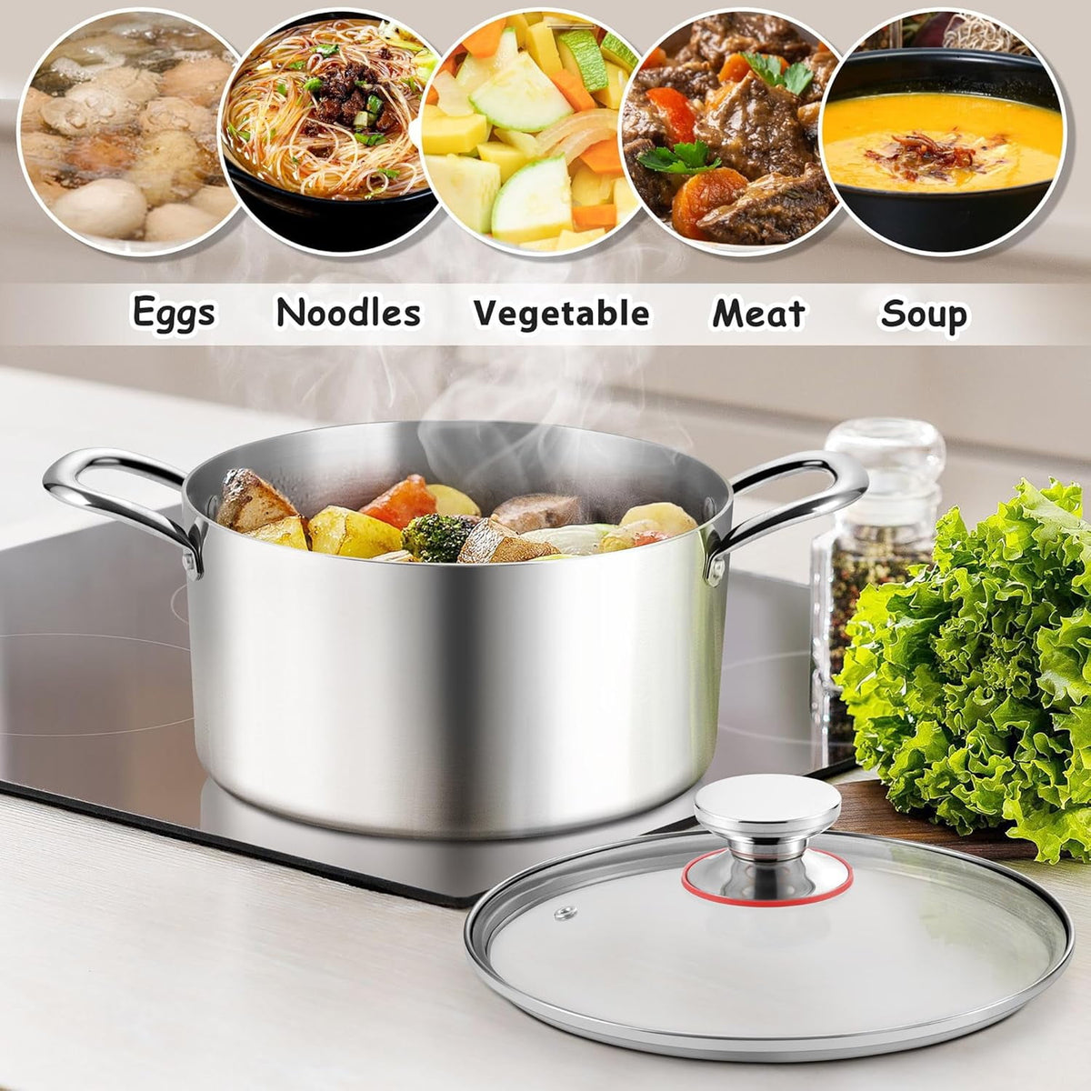 Coliware 8 QT Stainless Steel Stock Pot with Glass Lid, Cooking Soup Pot with 3-Ply Whole Clad for