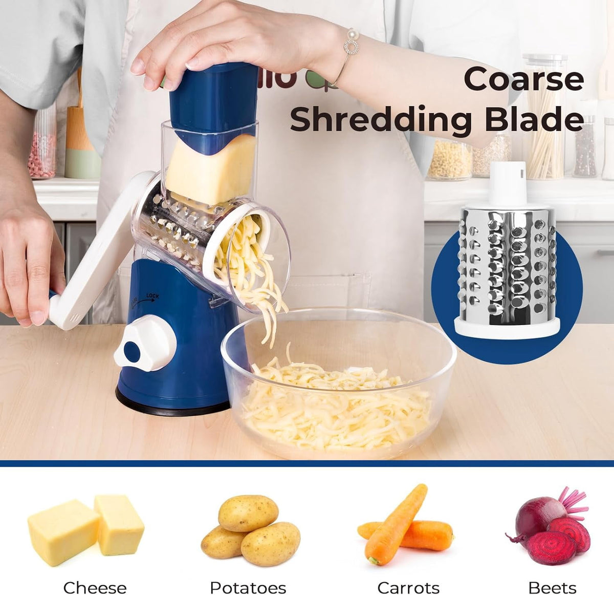 Premium Rotary Cheese Grater, Manual Cheese Grater for Kitchen, Handheld Vegetables Slicer Cheese Shredder with Rubber Suction Base, 3 Stainless Drum Blades Included,Blue