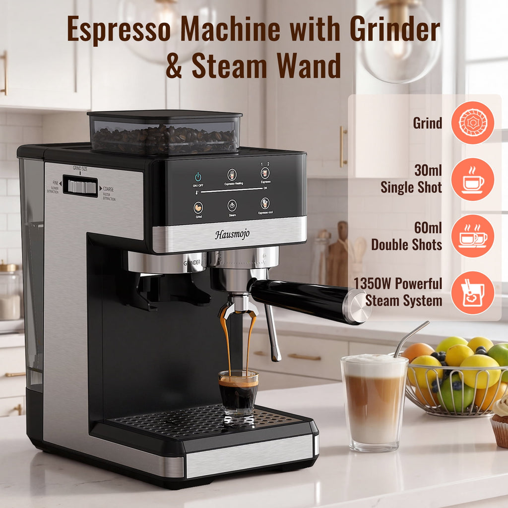 Hausmojo M5520 Espresso Machine with Grinder & Milk Frother , 20 Bar Semi-Automatic Cappuccino Latte Maker for Home