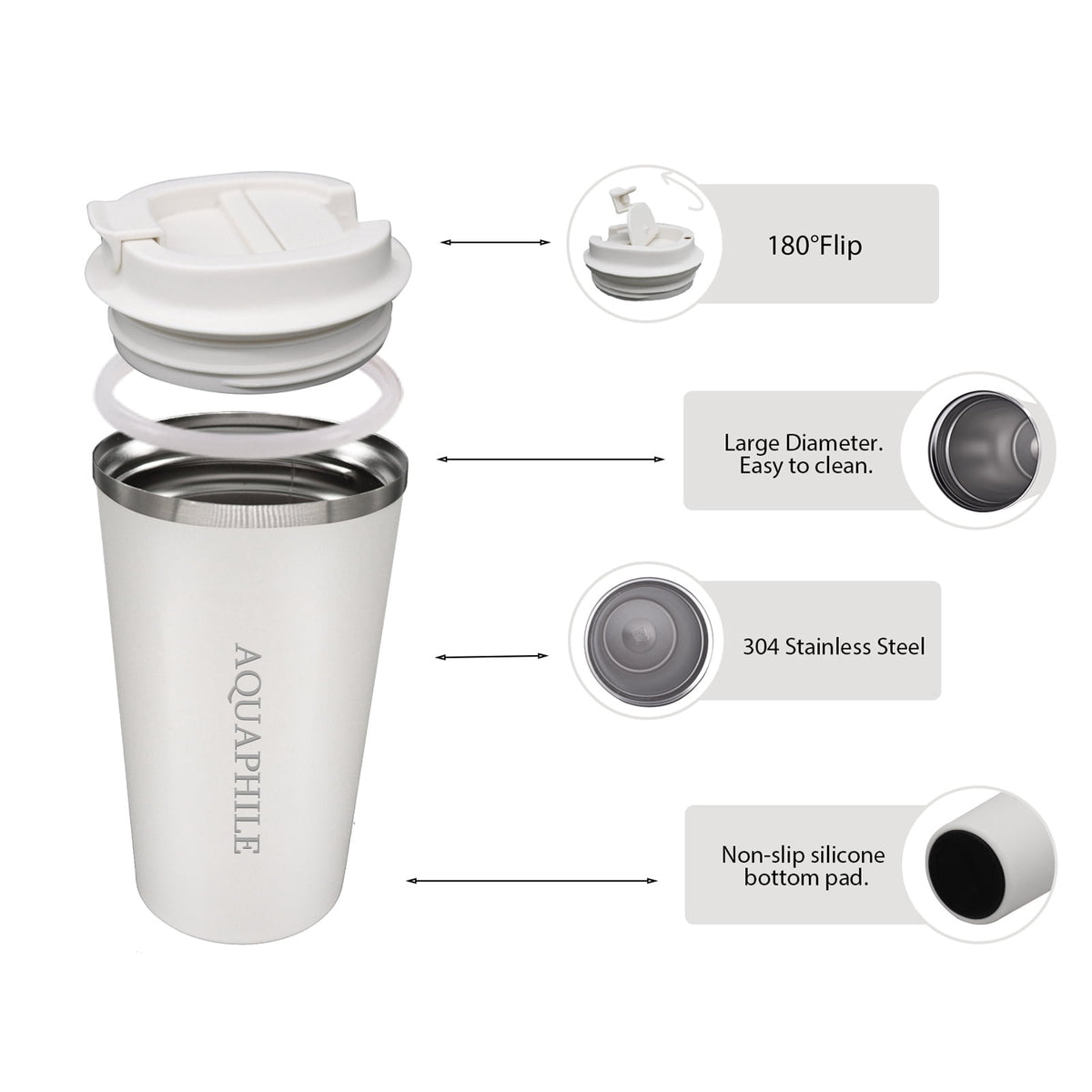 Aquaphile 17oz Coffee Mug to Go Stainless Steel Thermos Double Wall Insulated Coffee Cup Reusable Travel Mug with Leak proof Lid, White
