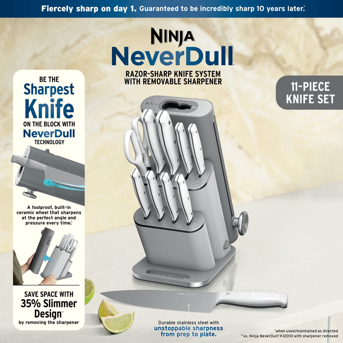 Ninja NeverDull Razor-Sharp 11-Piece Knife System with Removable Sharpener, Laser-Cut Blades, NK12011BL1, Cyberspace