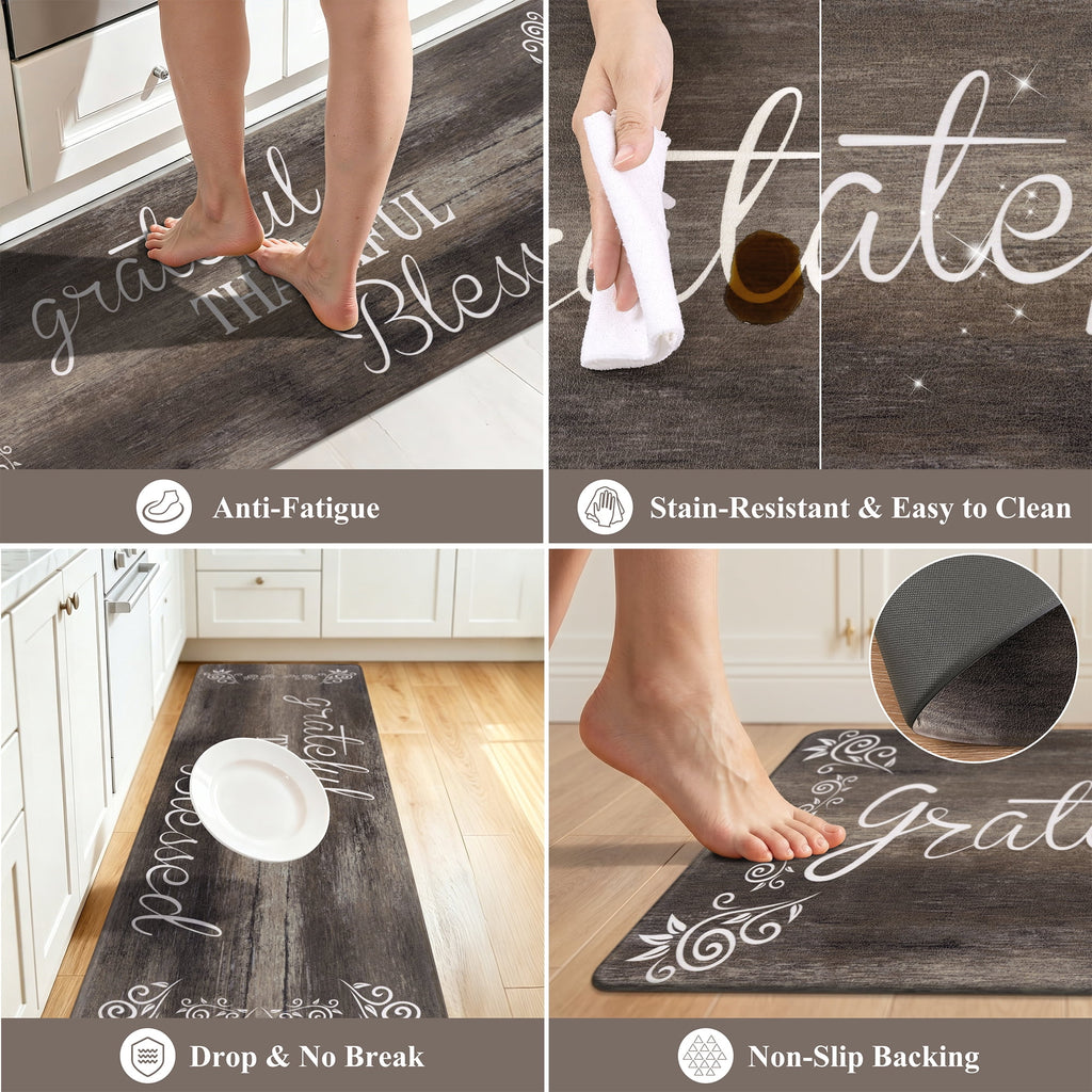 MeyJey Farmhouse Kitchen Rug Set of 2, Non-Slip Anti-Fatigue Waterproof Cushioned Mat for Kitchen, Dining & Laundry Room, 18"x30"+18"x48" Teal/Brown