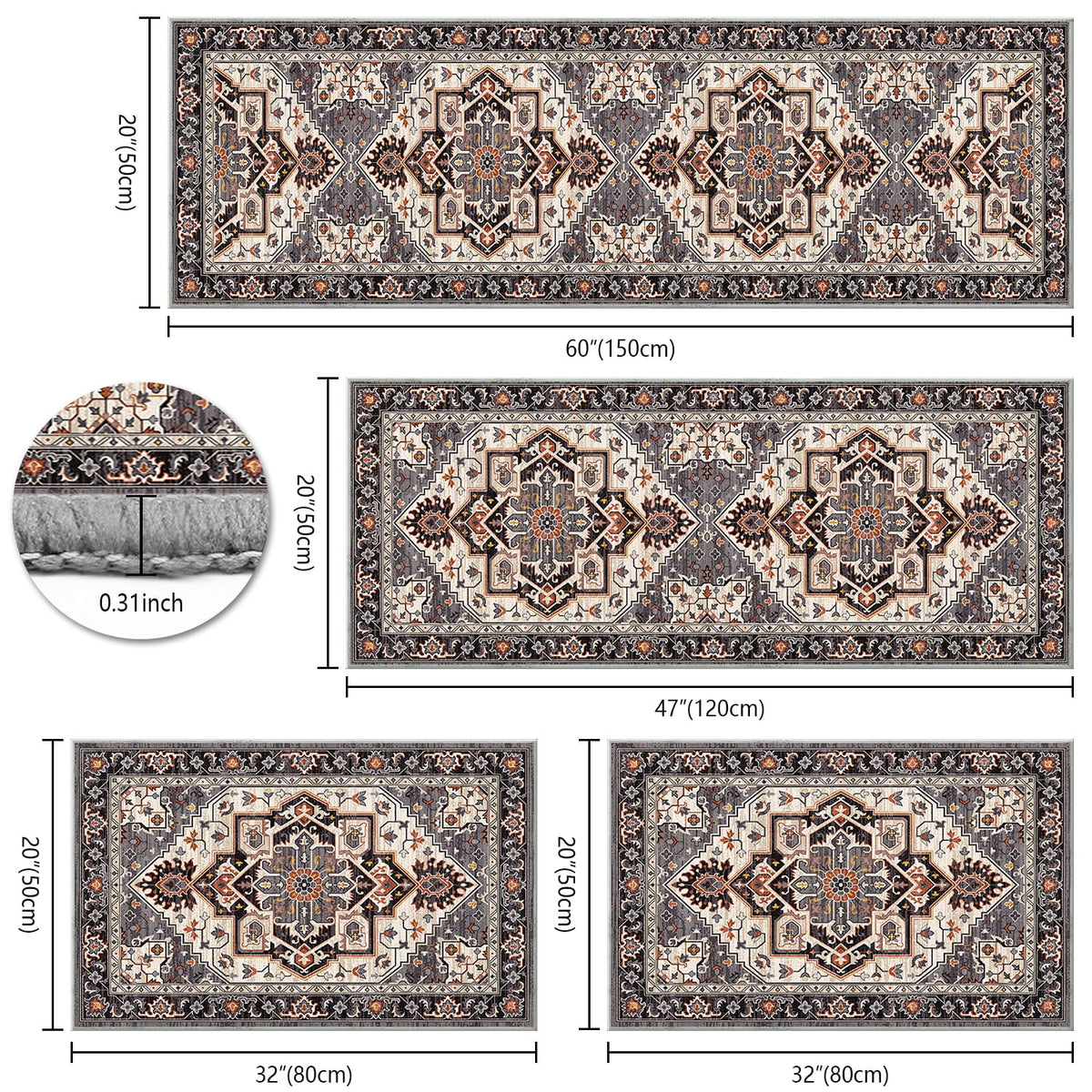 TECHVIDA Kitchen Rug Set 3 Piece,Non Slip Machine Washable Kitchen Mats, Farmhouse Hallway Doormat for Home Floor and Living Room,Gray