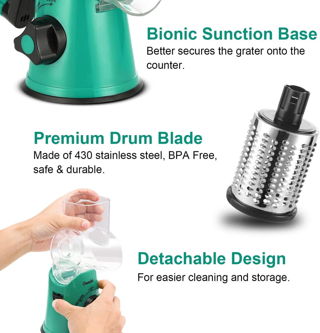 Geedel Rotary Cheese Grater, Kitchen Grater with Strong Suction Base, Dishwasher Safe, Easy to Clean Grater for Cheese,Vegetable, Nuts (3 Blades)