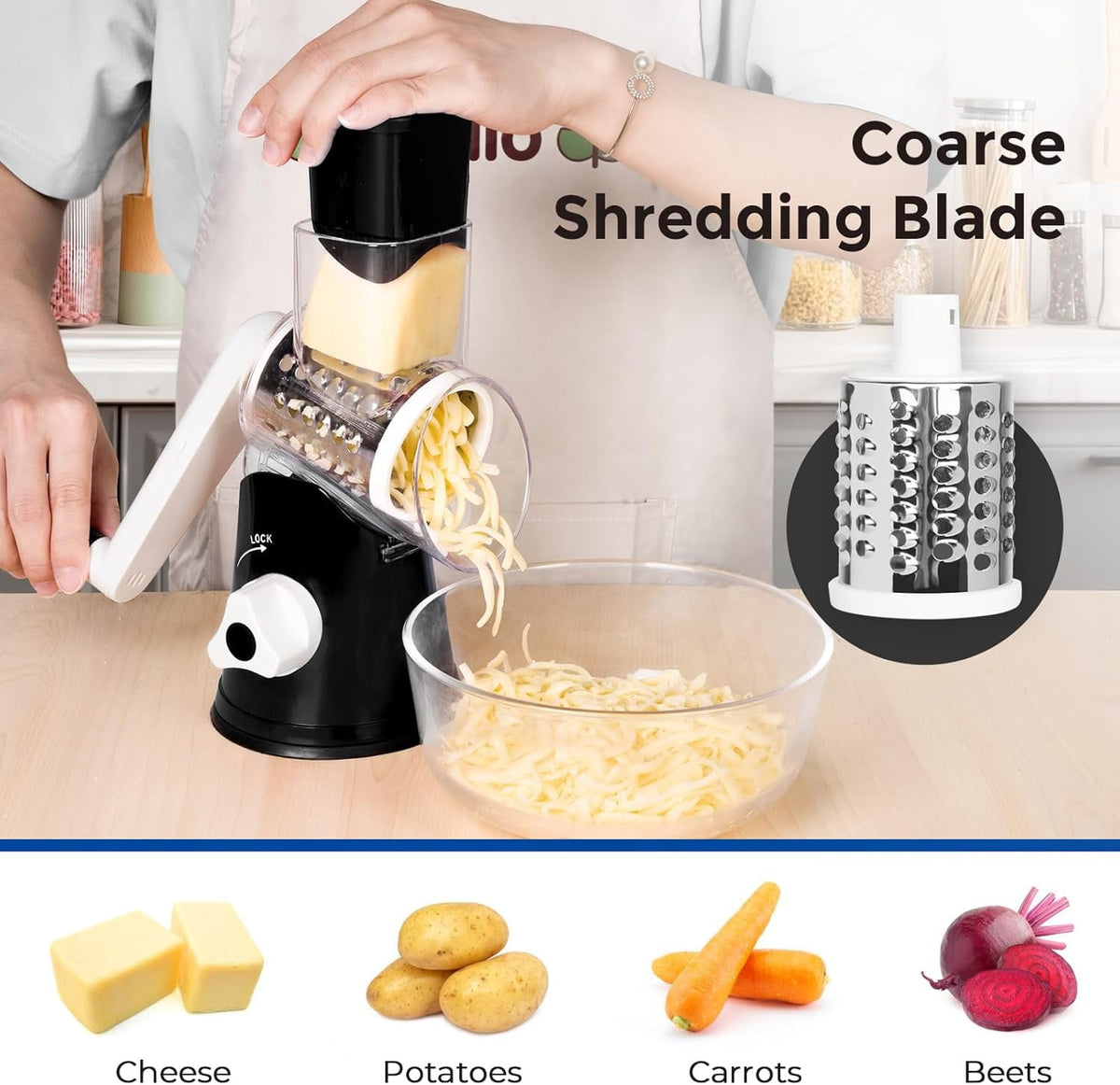 Premium Rotary Cheese Grater, Manual Cheese Grater for Kitchen, Handheld Vegetables Slicer Cheese Shredder with Rubber Suction Base, 3 Stainless Drum Blades Included,Blue