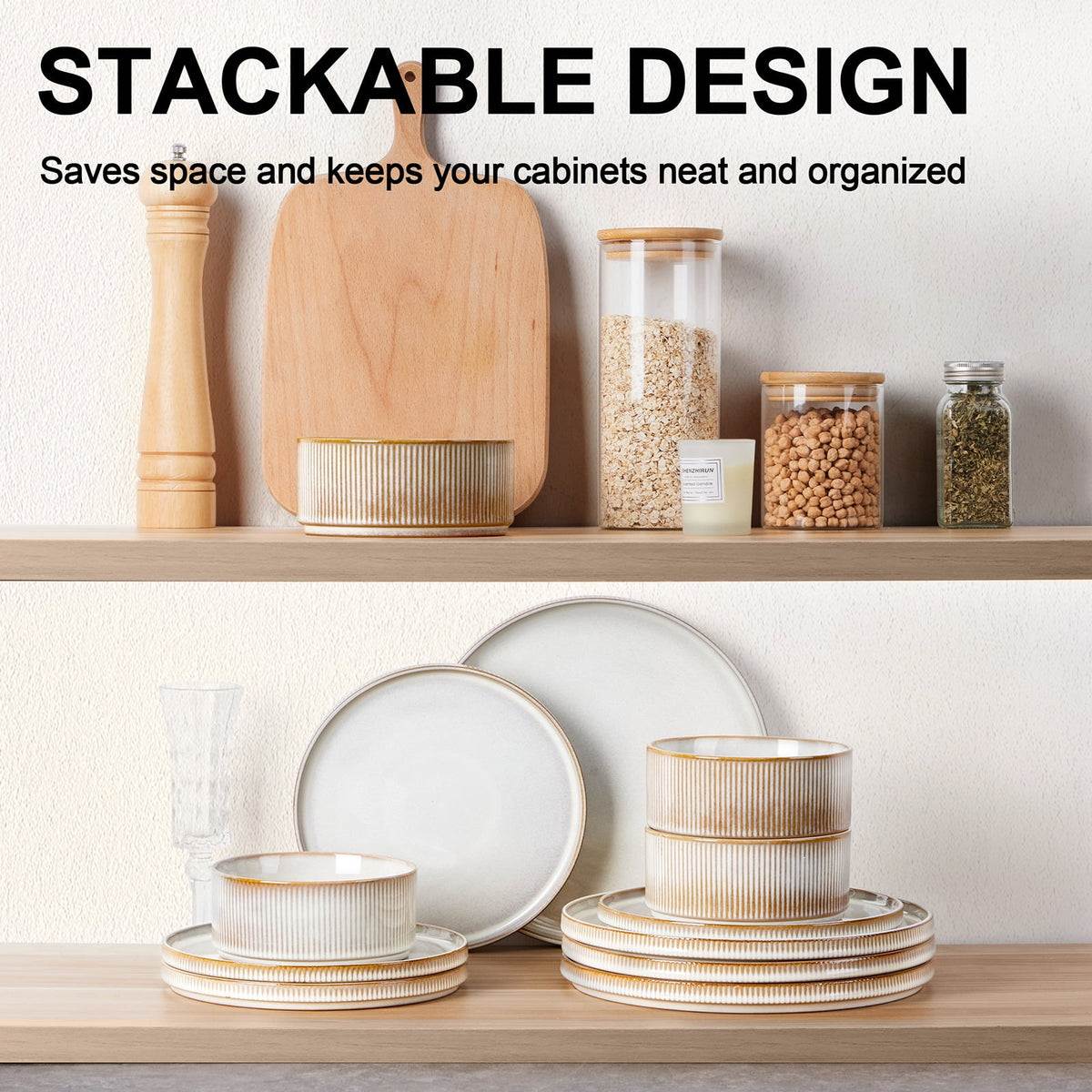 Vesteel 12 Pieces Dinnerware Set for 4, Premium Stoneware Ribbed Dishes, Chip & Scratch Resistant Plates and Bowls Set for Home Restaurant, Microwave and Dishwasher Safe - Speckled White