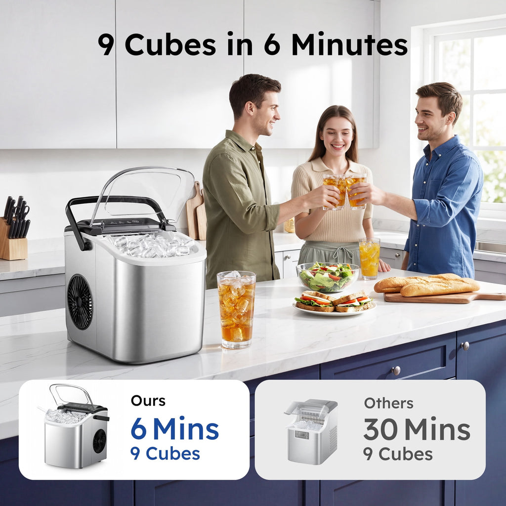 Simzlife Countertop Ice Maker, 26 Lbs/24H, 9 Bullet-Shaped Ice Cubes in 6 Minutes, Auto-Cleaning Ice Machine, Black