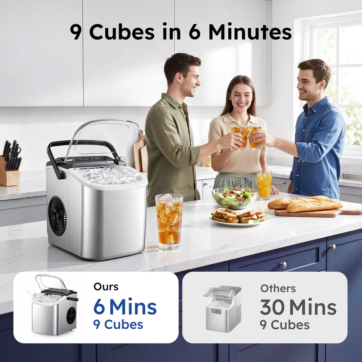 Simzlife Countertop Ice Maker, 26 Lbs/24H, 9 Bullet-Shaped Ice Cubes in 6 Minutes, Auto-Cleaning Ice Machine, Black