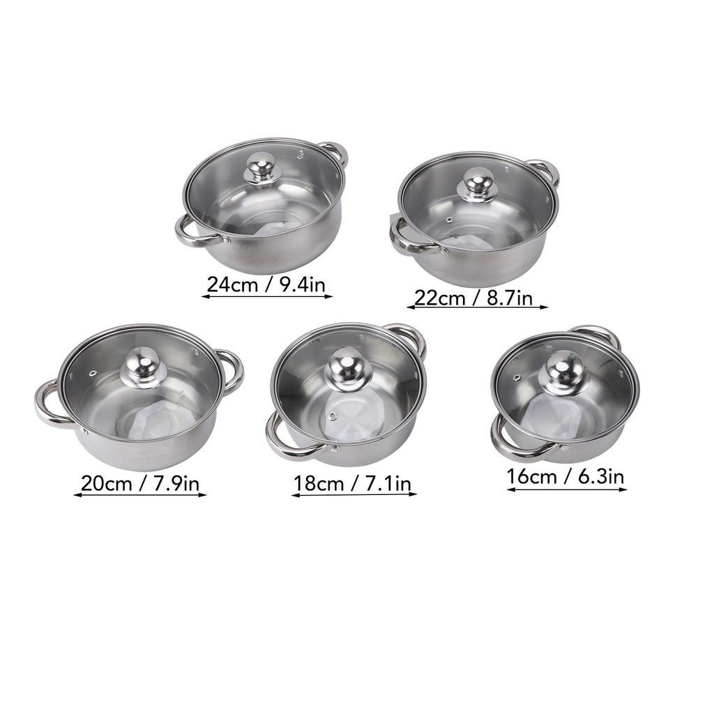 Stainless Steel Pots Sets 10-Piece, Kitchen Cookware Set Saucepan With Glass Lid Stockpot Soup Pot With 2 Ear Handle For Cooking Dishwasher , Silver