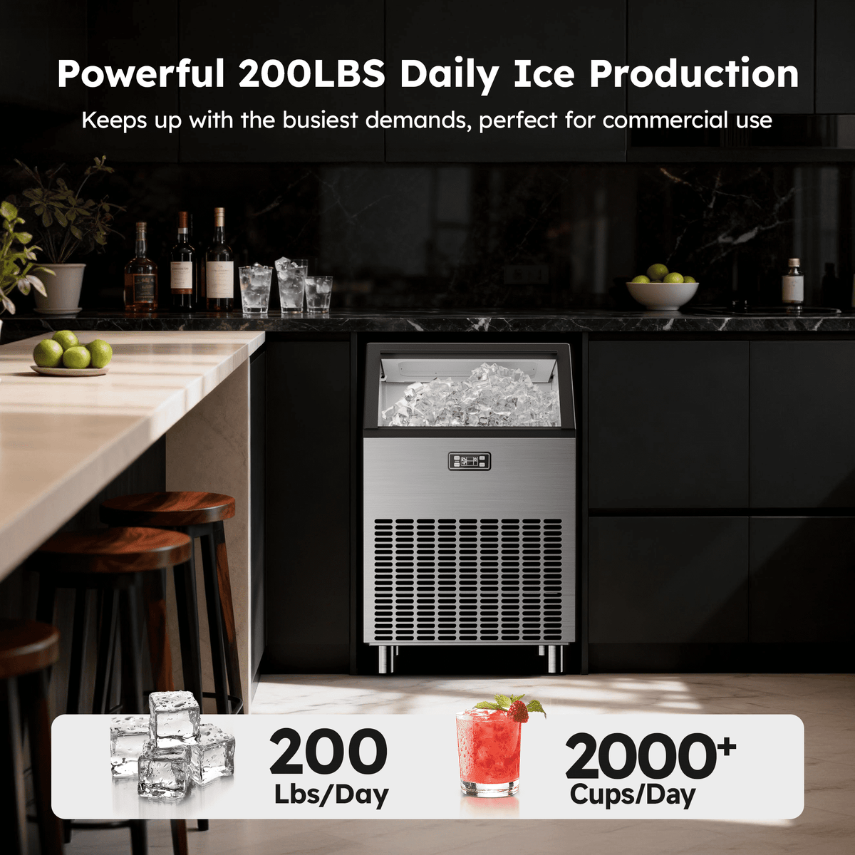 Simzlife Commercial Ice Maker, 100 Lbs/24H, Freestanding or Built-In, 33 Lb Storage Bin, Stainless Steel Ice Machine