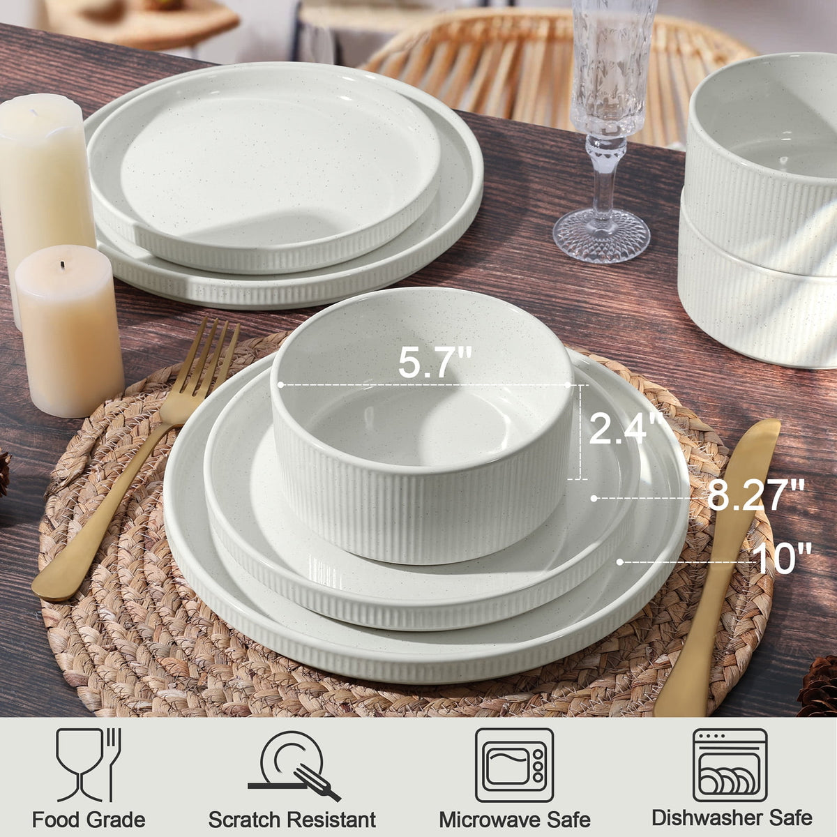 Vesteel 12 Pieces Dinnerware Set for 4, Premium Stoneware Ribbed Dishes, Chip & Scratch Resistant Plates and Bowls Set for Home Restaurant, Microwave and Dishwasher Safe - Speckled White
